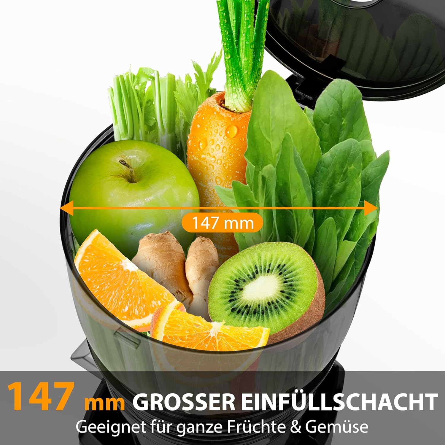 PUKOMC Kaltpress-Entsafter mit 14,7 cm (5,8 Zoll) Schlitz – Slow Juicer für ganze Früchte und Gemüse, 1,8-Liter-Behälter, 300 W, inklusive Reinigungsbürste und Auffangbecher, Grau – Bild 2