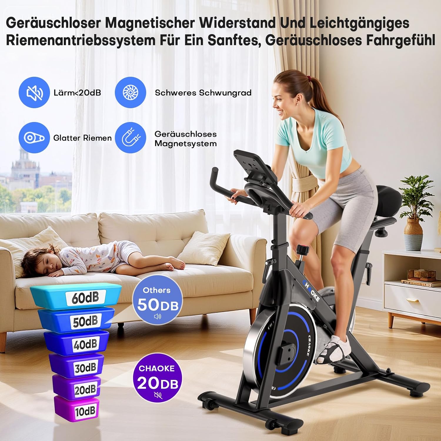 (UPGRADE) Heimtrainer Fahrrad mit APP, CHAOKE Hometrainer Fahrrad, Leises, Stufenlos einstellbares Magnetsystem, Ergometer Heimtrainer mit LCD-Display, Indoor Fitnessbike für Zuhause, Bis 150KG – Bild 4