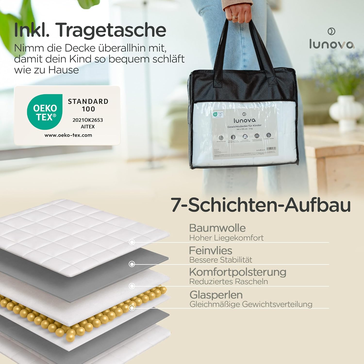 LUNOVA Gewichtsdecke Kinder 4kg (135x200cm) | Beruhigende schwere Decke für besseren Schlaf und inneren Frieden | Öko-TEX-Baumwolle, waschbar, ideal für 35–45 kg Körpergewicht | Gewichtsdecke für Kinder – Bild 7