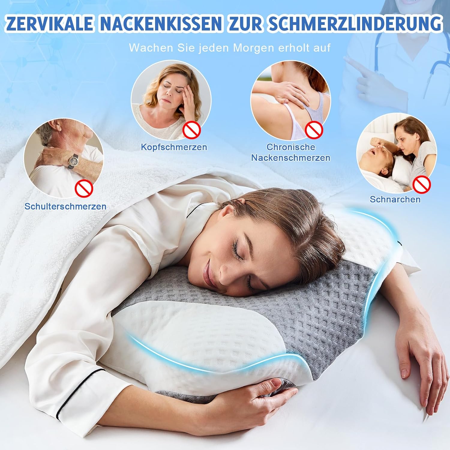 VJASD Orthopädisches Nackenstützkissen aus Memory-Schaum – ergonomisches Kissen gegen Nackenschmerzen, höhenverstellbares Seitenschläferkissen mit atmungsaktivem Bezug – Bild 7
