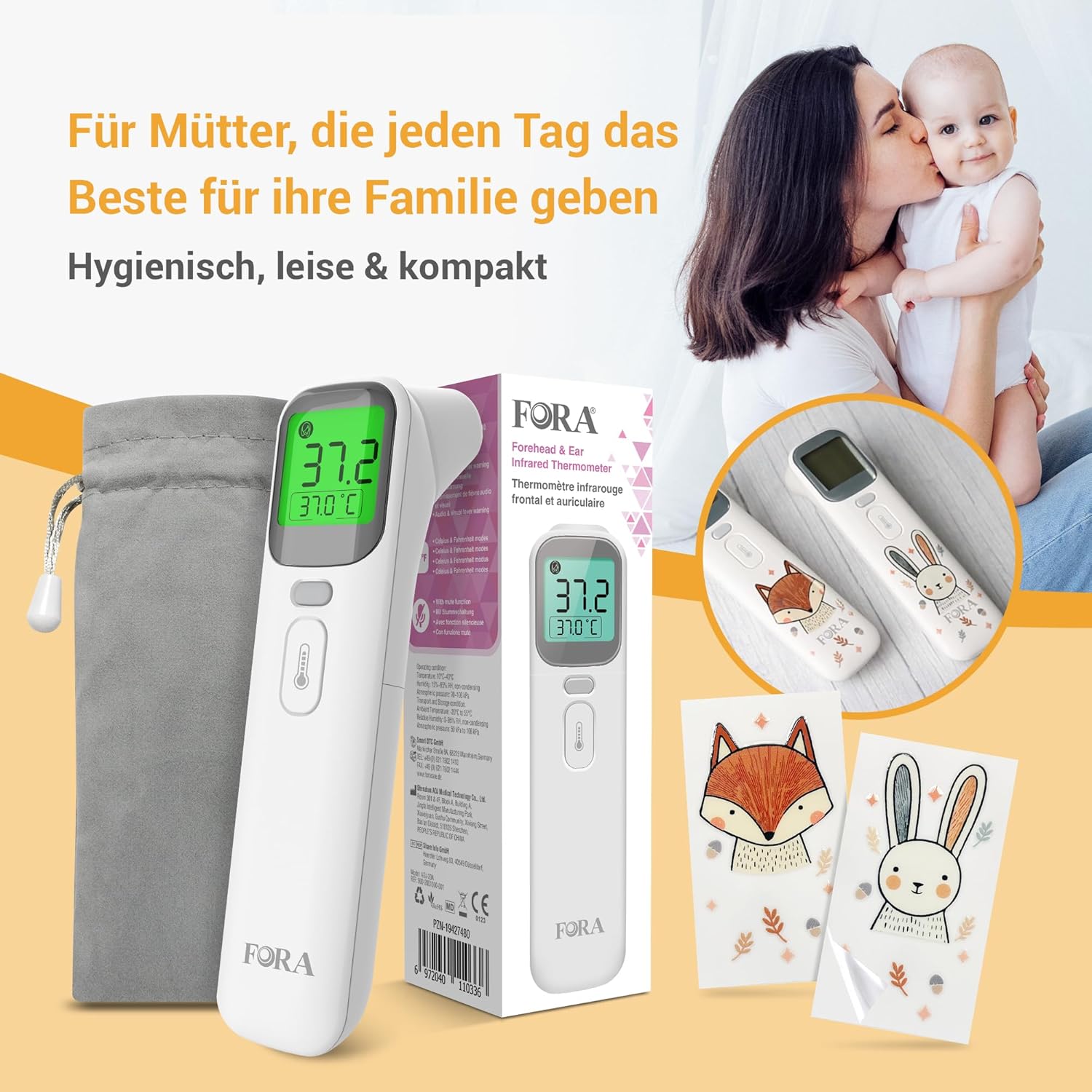 FORA Baby & Digitales Fieberthermometer – Multifunktions-Thermometer für Ohr und Stirn mit Farbcode-Fieberanzeige, Silent-Modus, Memory-Funktion – Hygienisch & kompakt für junge Mütter – Bild 2