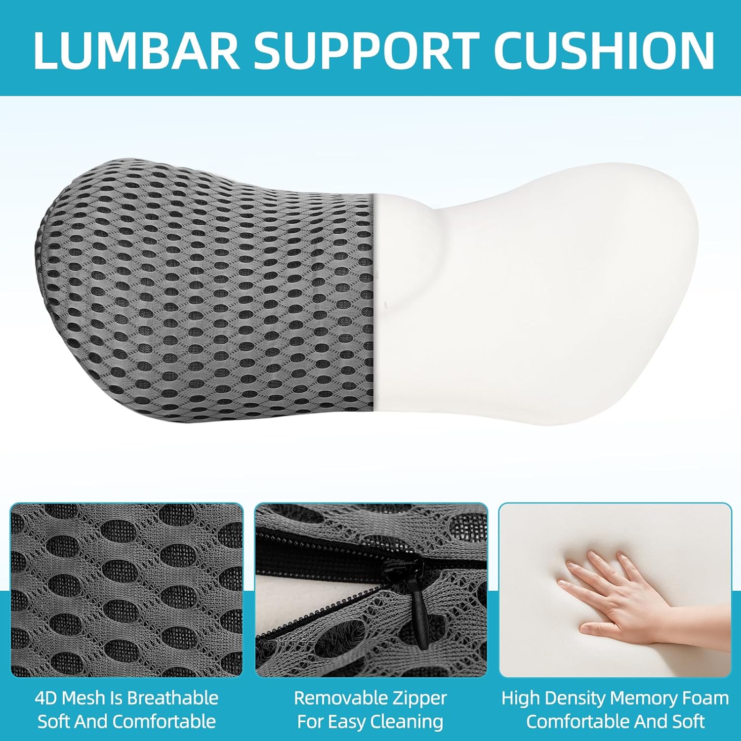 Lendenkissen aus Memory-Schaum, ergonomisches Rückenkissen, Lendenkissen mit atmungsaktivem Bezug und verstellbarem Gurt, Rückenstützkissen, Rückenkissen für Auto, Bürostuhl, Bett, Sofa (grau) – Bild 3