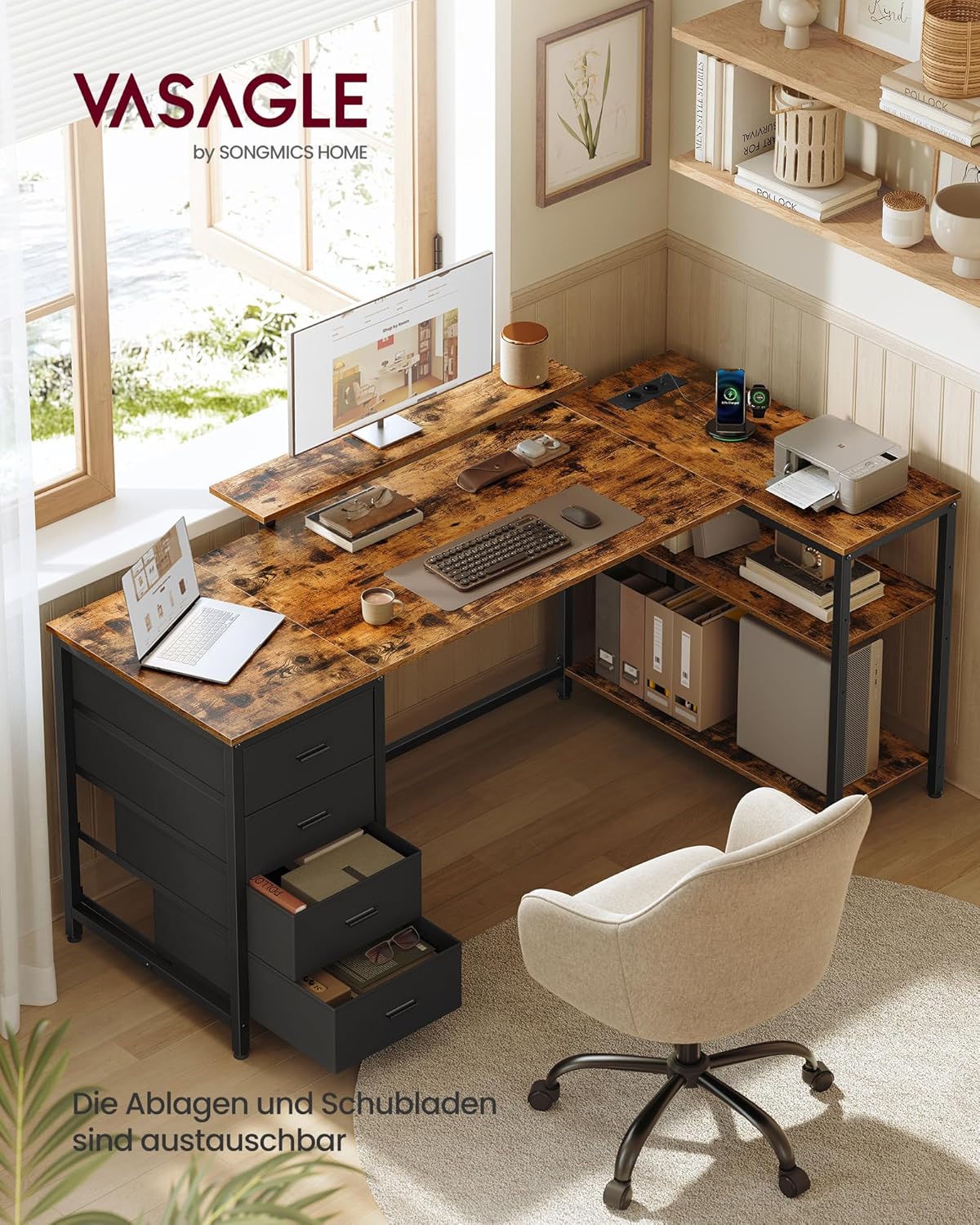VASAGLE LWD173KD01 L-förmiger Eckschreibtisch mit Steckdosen, Computertisch, Gaming-Tisch, reversibel montierbare, verstellbare Regale, 4 Schubladen, 2 USB-Anschlüsse, 160 x 80 cm, Vintage-Braun – Bild 3