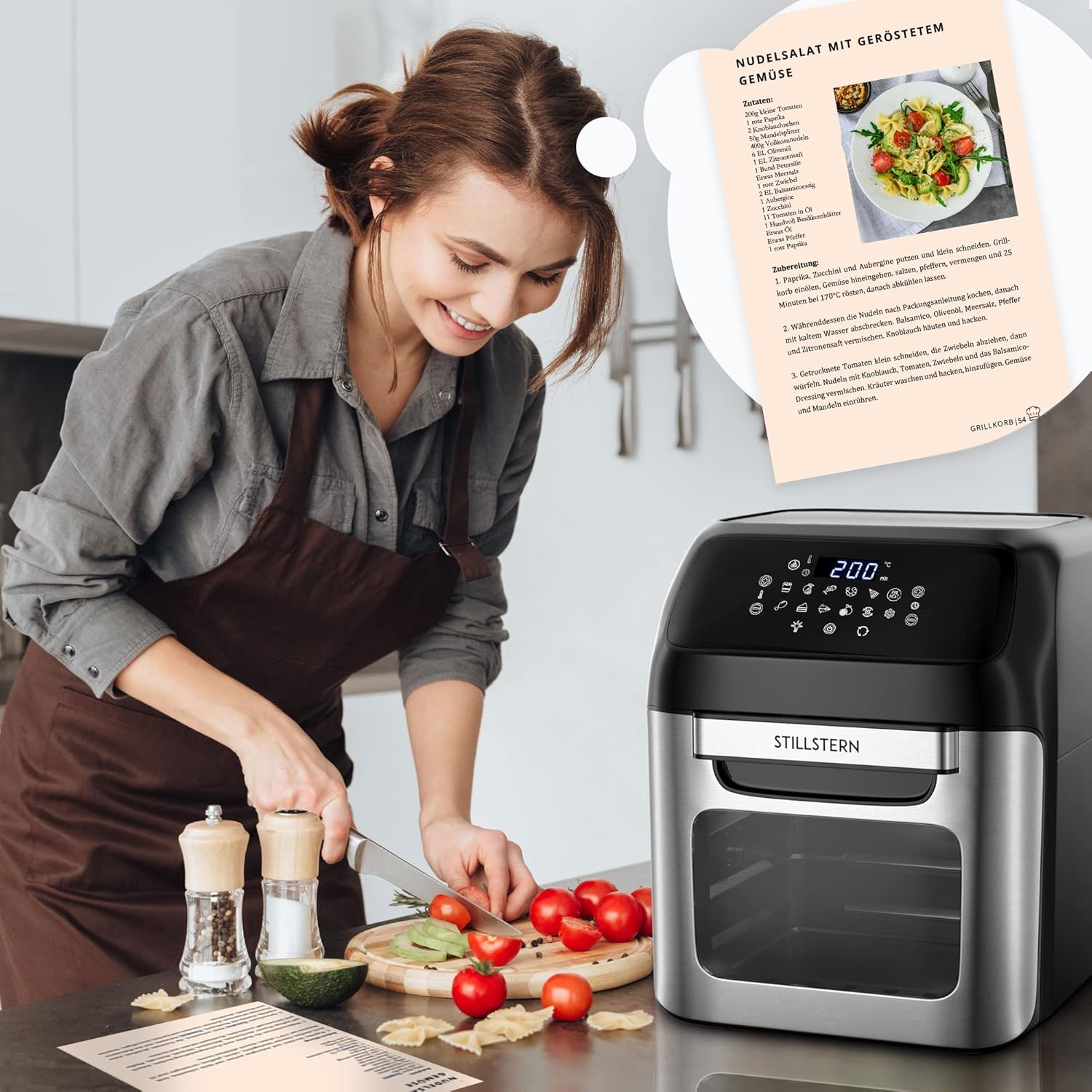 Stillstern Heißluftfritteuse, 12 L, mit LED, Touchscreen, XXL, Rezeptbuch auf Deutsch, 12 Programme, Speisen vorheizen/warmhalten, 1800 W, kein Öl nötig, zum Dörren, Mini-Camping-Grill/Ofen – Bild 8