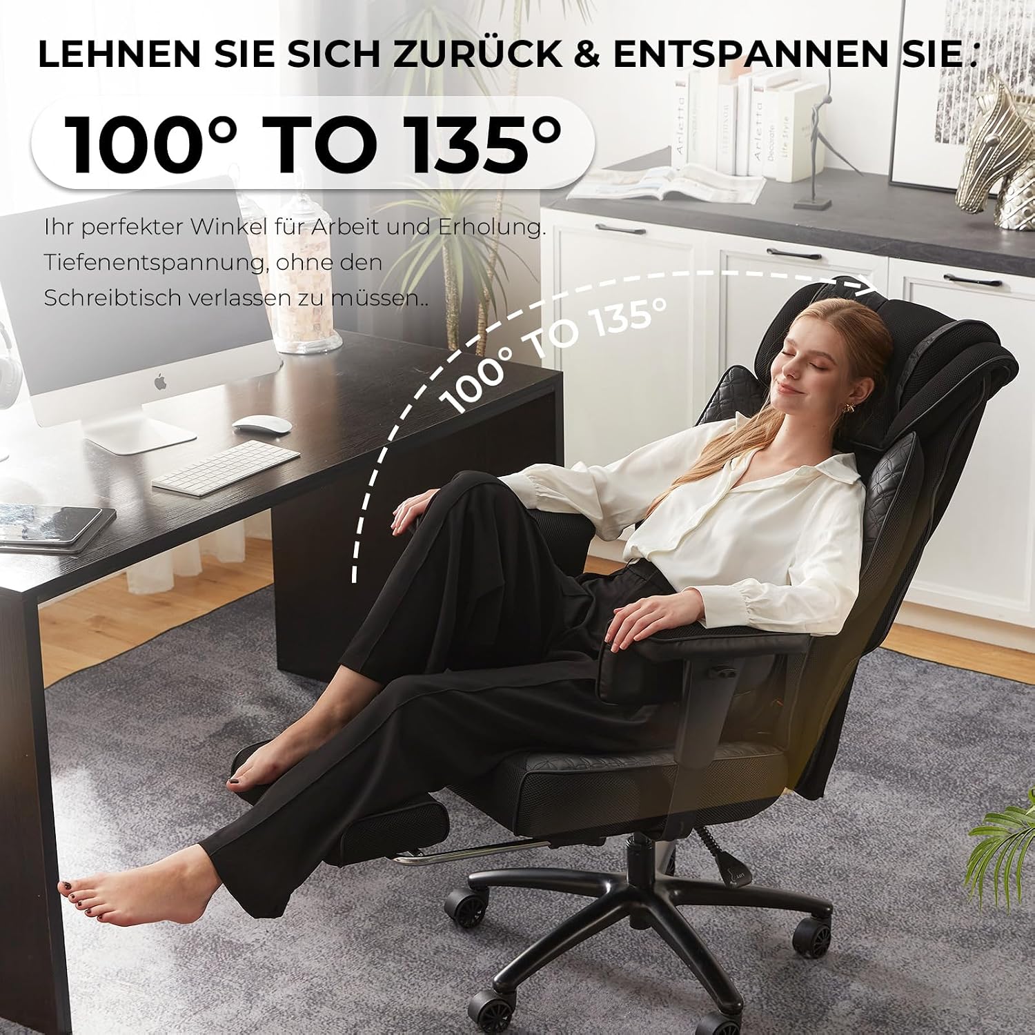 Dowinx XXL Bürostuhl mit Massage-Lendenkissen und extra dicker Sitzpolsterung, Chefsessel mit atmungsaktivem Netz & verstellbaren Armlehnen, ergonomischer Schreibtischstuhl mit Fußstütze, Schwarz – Bild 5