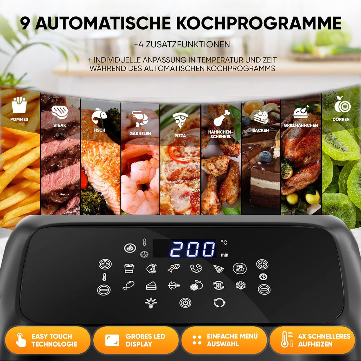 Stillstern Heißluftfritteuse, 12 L, mit LED, Touchscreen, XXL, Rezeptbuch auf Deutsch, 12 Programme, Speisen vorheizen/warmhalten, 1800 W, kein Öl nötig, zum Dörren, Mini-Camping-Grill/Ofen – Bild 6
