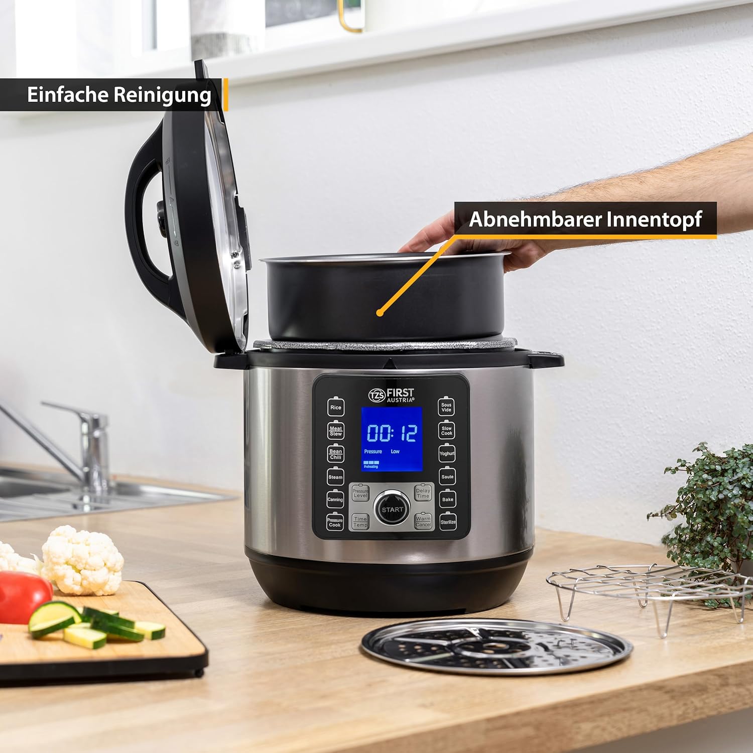 TZS First Austria – Elektrischer Schnellkochtopf 6L – 12 automatische Programme – Multikocher 1000 W Multikocher als Reiskocher, Dampfgarer, Crock Pot usw. – Elektrischer Multivarka-Schnellkochtopf – Bild 7