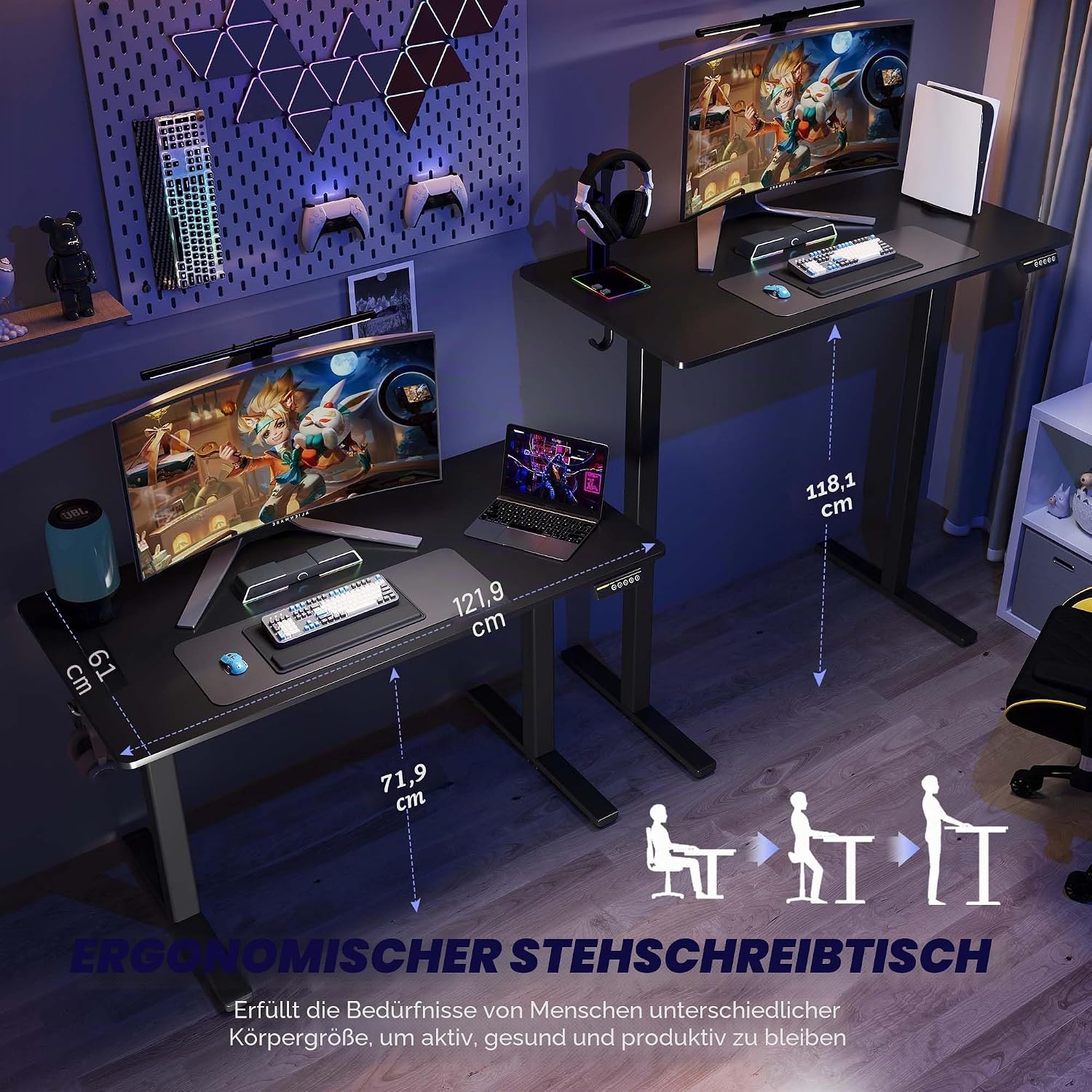 Elektrisch höhenverstellbarer Schreibtisch 120 x 60 cm Schwarz | 72–118 cm Höhe, 2+3 Speicher, 45 dB Motor, 70 kg Tragkraft, Räder und 3 Jahre kostenloser Motoraustausch. – Bild 2