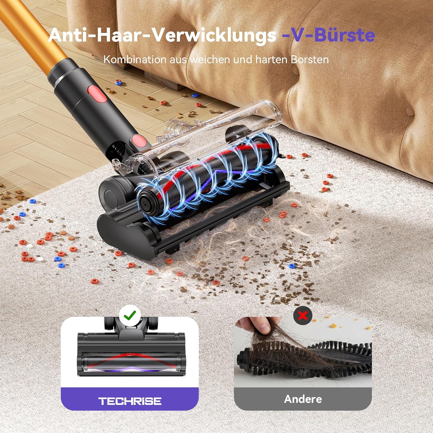 TechRise Akku-Staubsauger 45000Pa/500W/60Min, Anti-Tangle-Bürste & 8-in-1-Funktion (selbststehend) Staubsauger kabellos mit Display, Griffstaubsauger für Zuhause, Tierhaare/Teppiche/hart – Bild 7