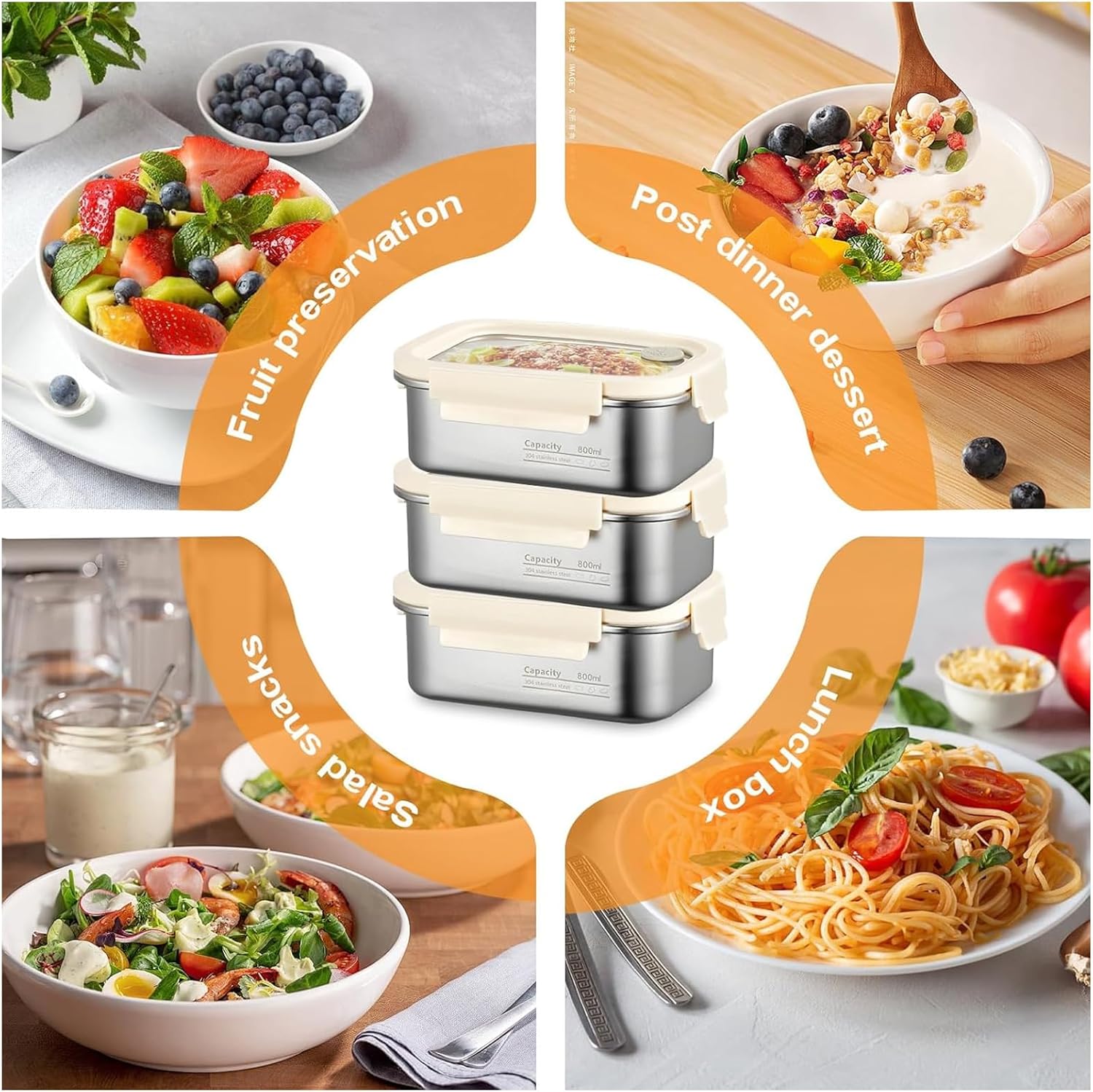 PORFOYO Meal Prep Boxen, Edelstahl, 3er-Set, stapelbare Frischhaltedosen mit Deckel, auslaufsichere Lunchbox, Edelstahl, wiederverwendbare Behälter mit Deckel, Edelstahl-Lunchbox, 800 ml – Bild 7
