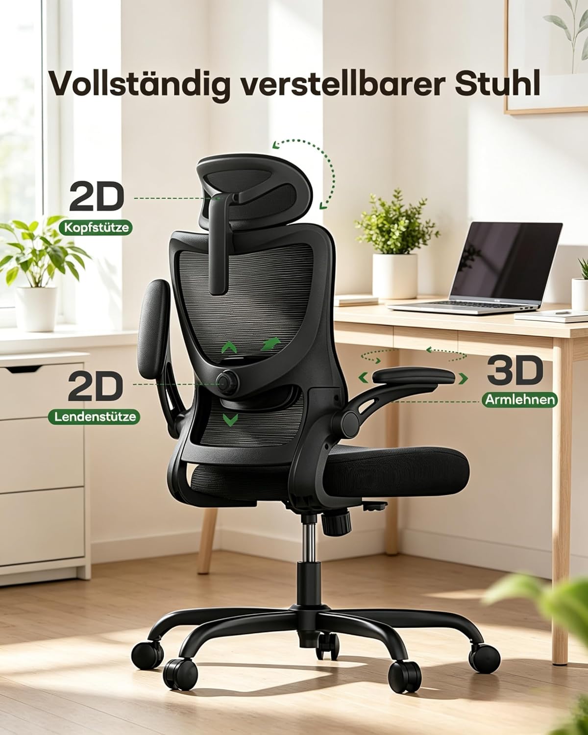 Marsail Bürostuhl Ergonomischer Schreibtischstuhl: Ergonomischer Bürostuhl mit 2D-Kopfstütze, 2D-Lendenwirbelstütze, klappbaren 3D-Armlehnen, 8 cm Sitzkissen, Höhenverstellung und 300 Pfund Tragkraft – Bild 3