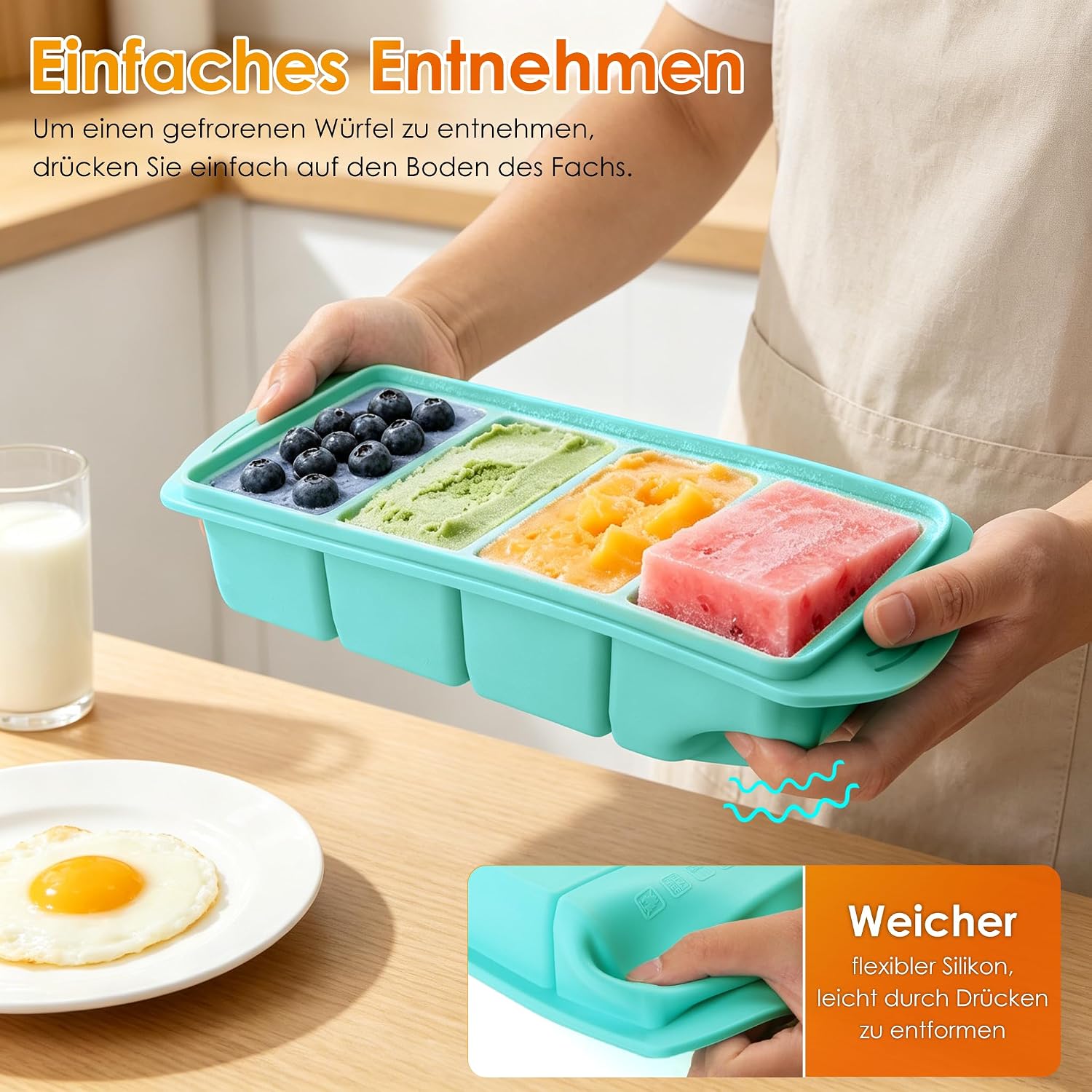 Set mit 2 Silikon-Gefrierformen mit Deckel, Suppenwürfel-Set mit 250/125 ml | Wiederverwendbar und stapelbar für die Zubereitung von Mahlzeiten, Gefrierbehälter für Suppe, Soße und Eis. Mintgrün – Bild 3