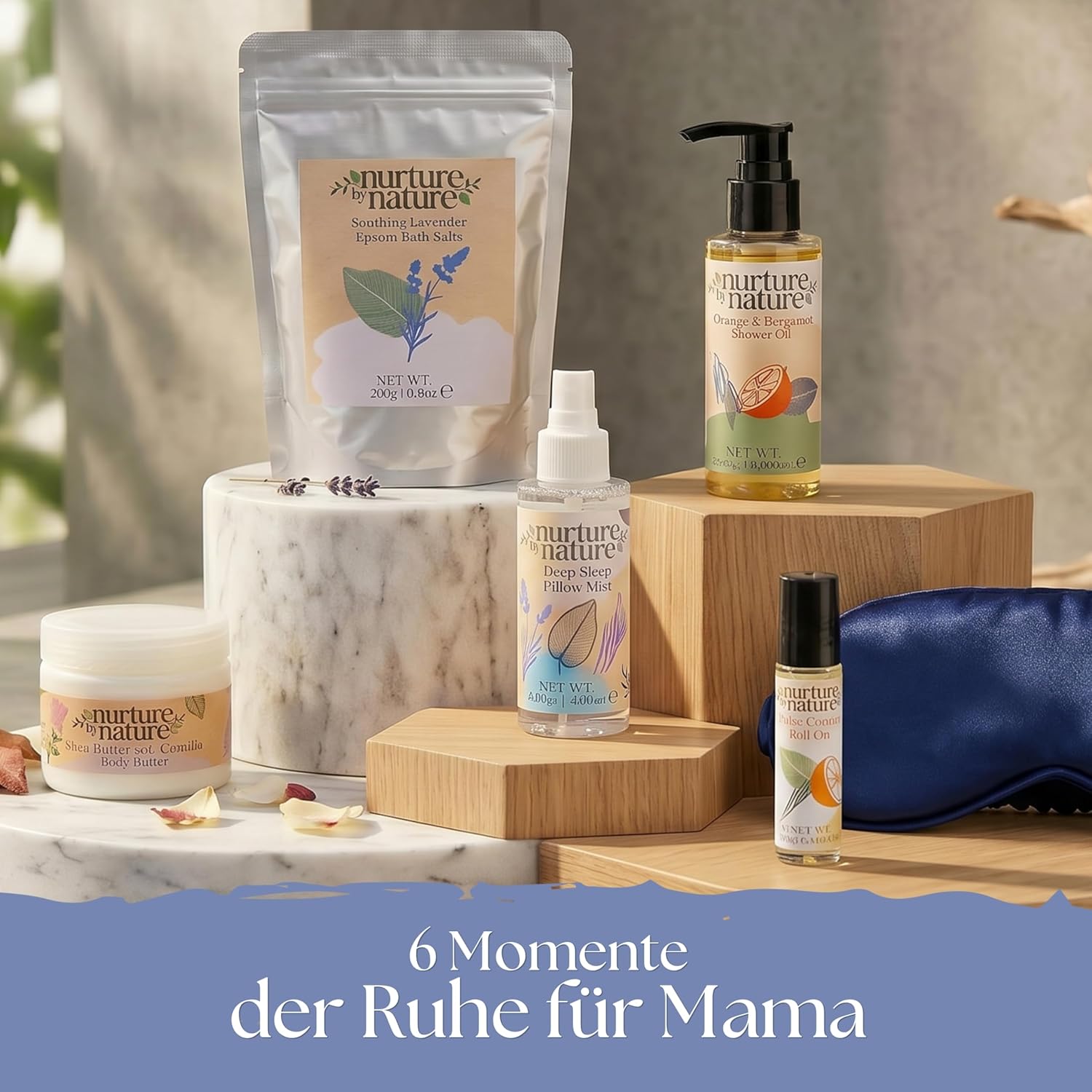 Nurture by Nature Wellness-Geschenkset für Frauen – 6-teiliges Bade- und Beauty-Set mit Körperbutter, Duschöl, Kissenspray, Badesalz und Schlafmaske – ideal für Weihnachten, Muttertag und Geburtstage – Bild 3