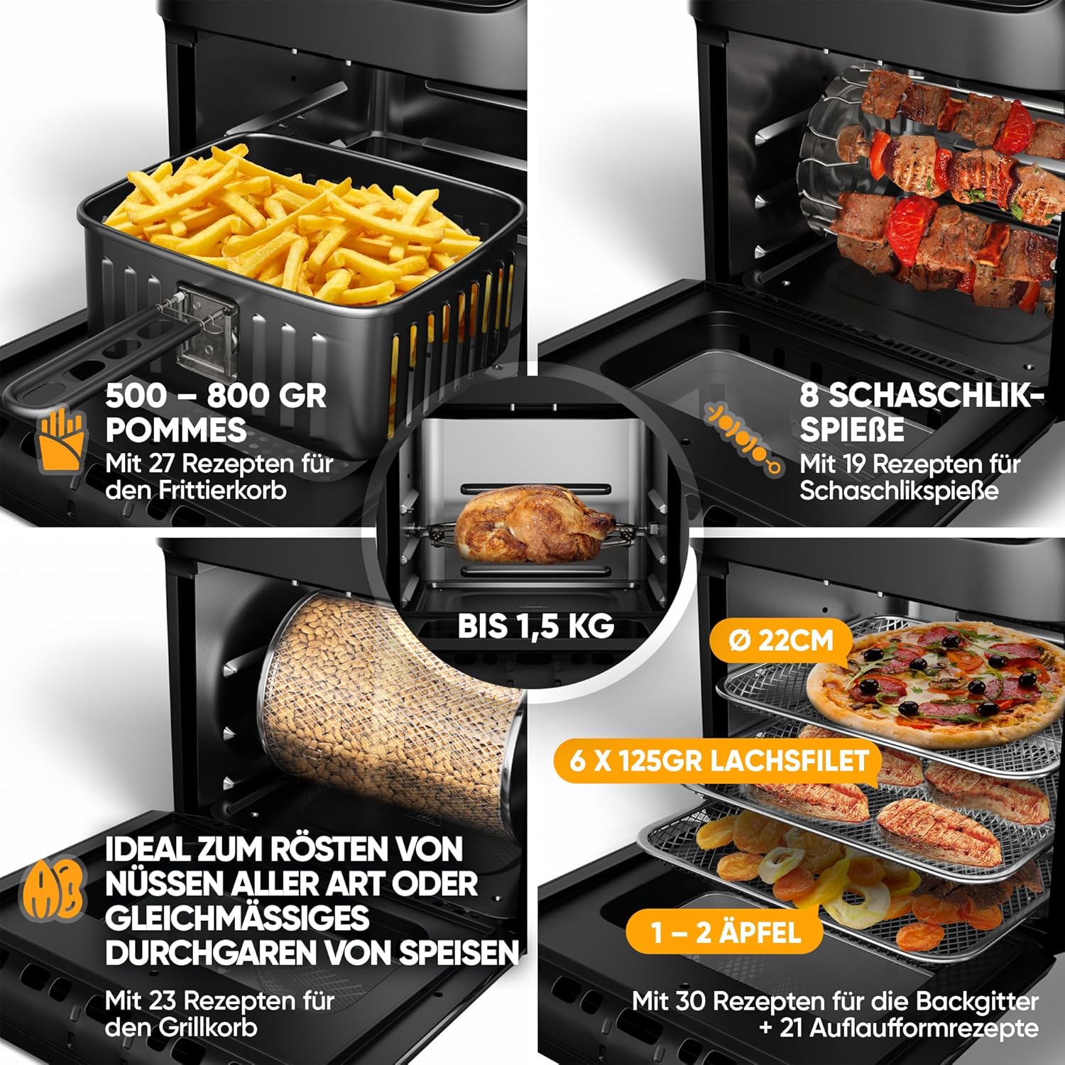 Stillstern Heißluftfritteuse, 12 L, mit LED, Touchscreen, XXL, Rezeptbuch auf Deutsch, 12 Programme, Speisen vorheizen/warmhalten, 1800 W, kein Öl nötig, zum Dörren, Mini-Camping-Grill/Ofen – Bild 7