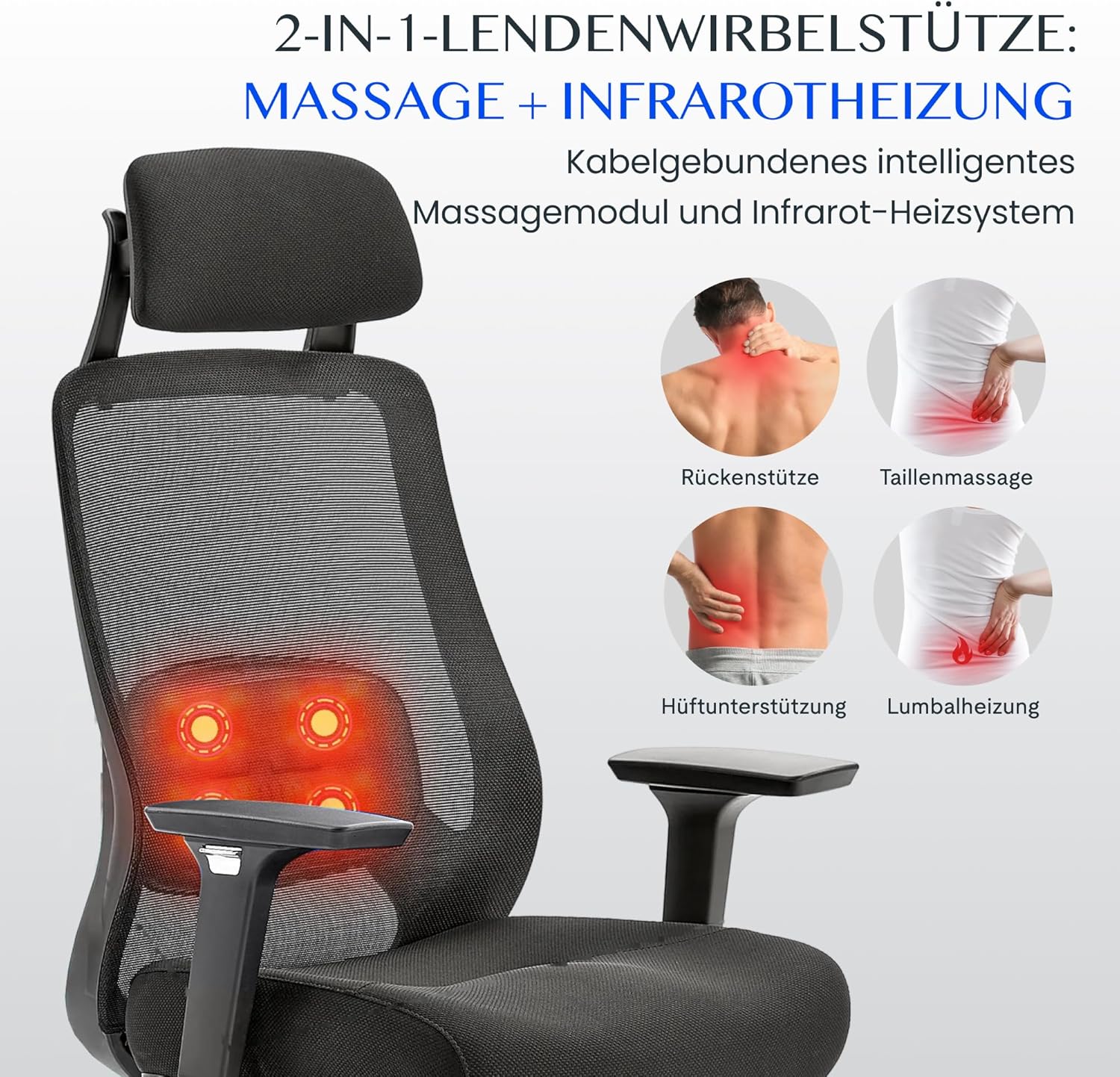 FLEXISPOT MasterEase Massage-Bürostuhl mit Fußstütze und Gummirädern, ergonomischer Schreibtischstuhl mit 2D-Lendenwirbelstütze mit Heiz- und Massagefunktion, 4-fach verstellbare Rückenlehne, Schwarz – Bild 3