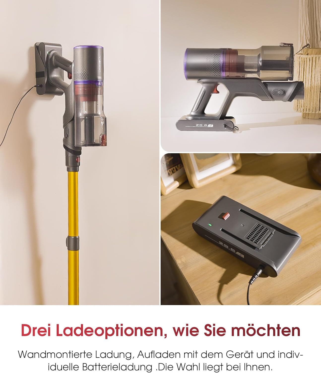 Uninell Home Akku-Staubsauger 55.000 Pa/650 W/70 Min. Upgrade, kabelloser Staubsauger mit 1,6 l großem Staubbecher, selbstaufladend mit LED-Touchscreen/Anti-Tangle-Bürste für Tierhaare, Hartböden, Teppiche – Bild 9