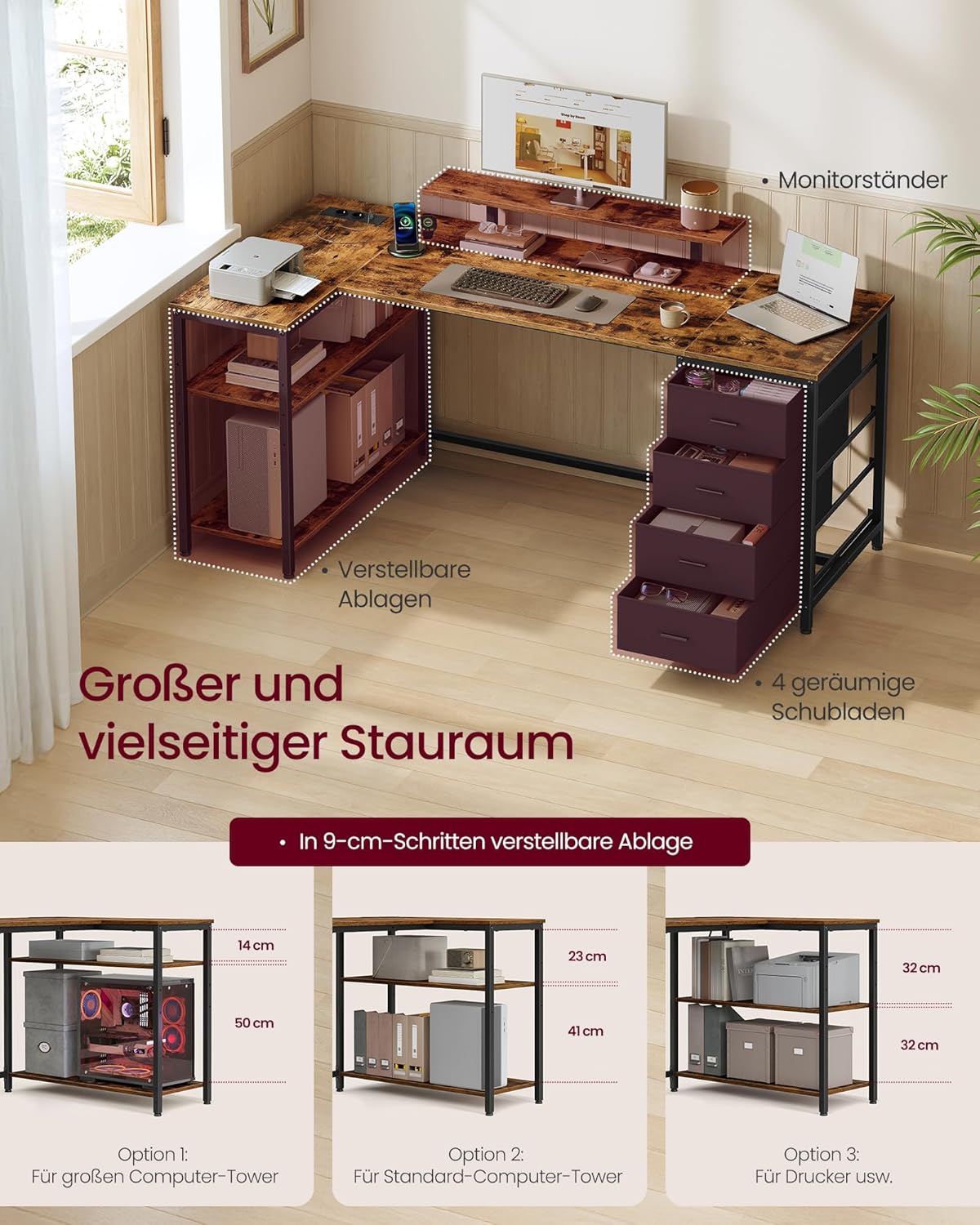 VASAGLE LWD173KD01 L-förmiger Eckschreibtisch mit Steckdosen, Computertisch, Gaming-Tisch, reversibel montierbare, verstellbare Regale, 4 Schubladen, 2 USB-Anschlüsse, 160 x 80 cm, Vintage-Braun – Bild 4