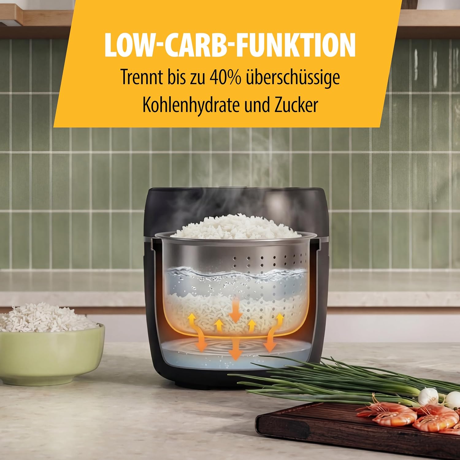 Tristar Digitaler Reiskocher mit Low Carb-Funktion, 8 automatische Programme, 0,6 l Reiskapazität, digitales Bedienfeld, leicht zu reinigen, RK-6238 – Bild 3