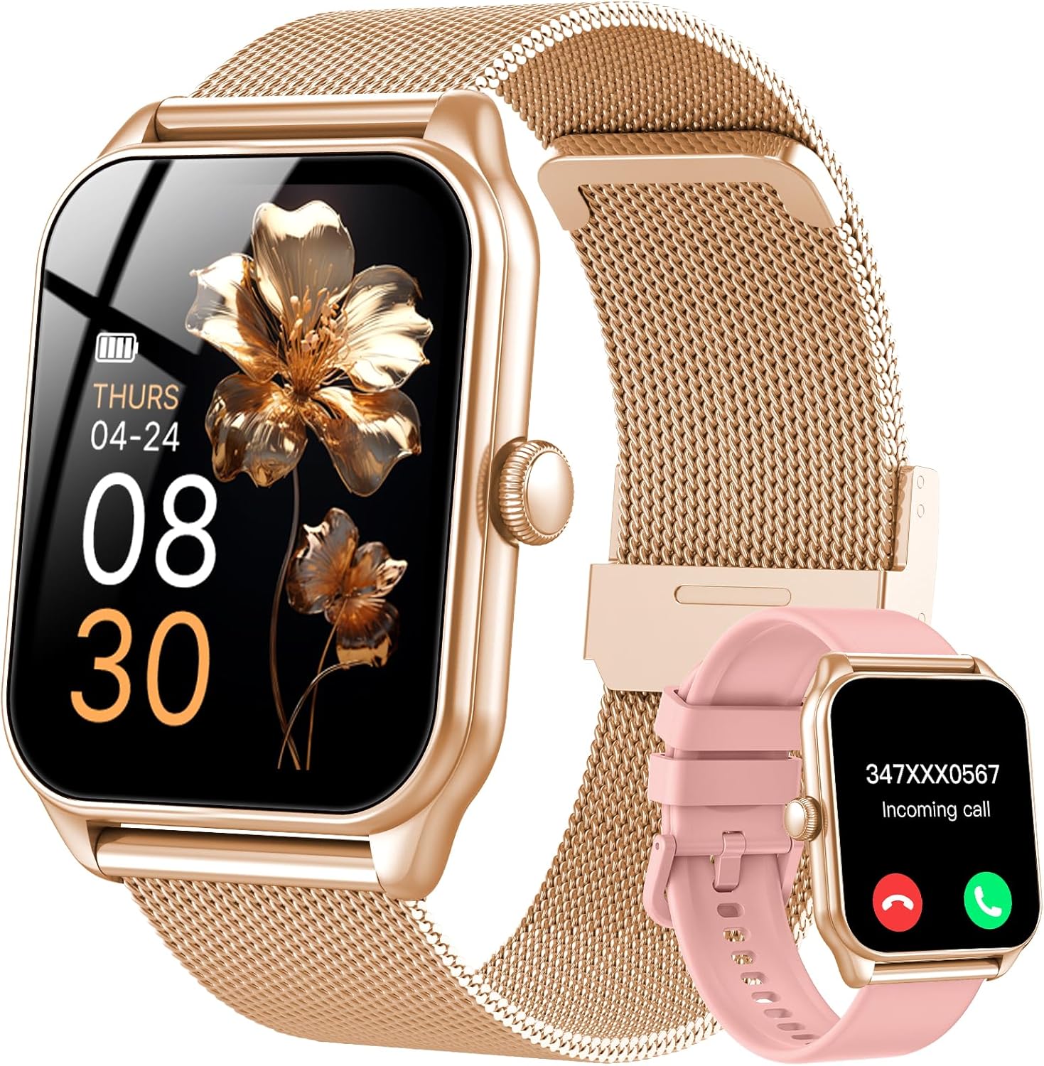 Damen Smartwatch mit Telefonfunktion, 1,83 Zoll Touchscreen Fitness Tracker, 120+ Sportmodi, IP68 wasserdichte Smartwatch mit Herzfrequenz, Schlafmonitor, Schrittzähler für iOS Android (Roségold)