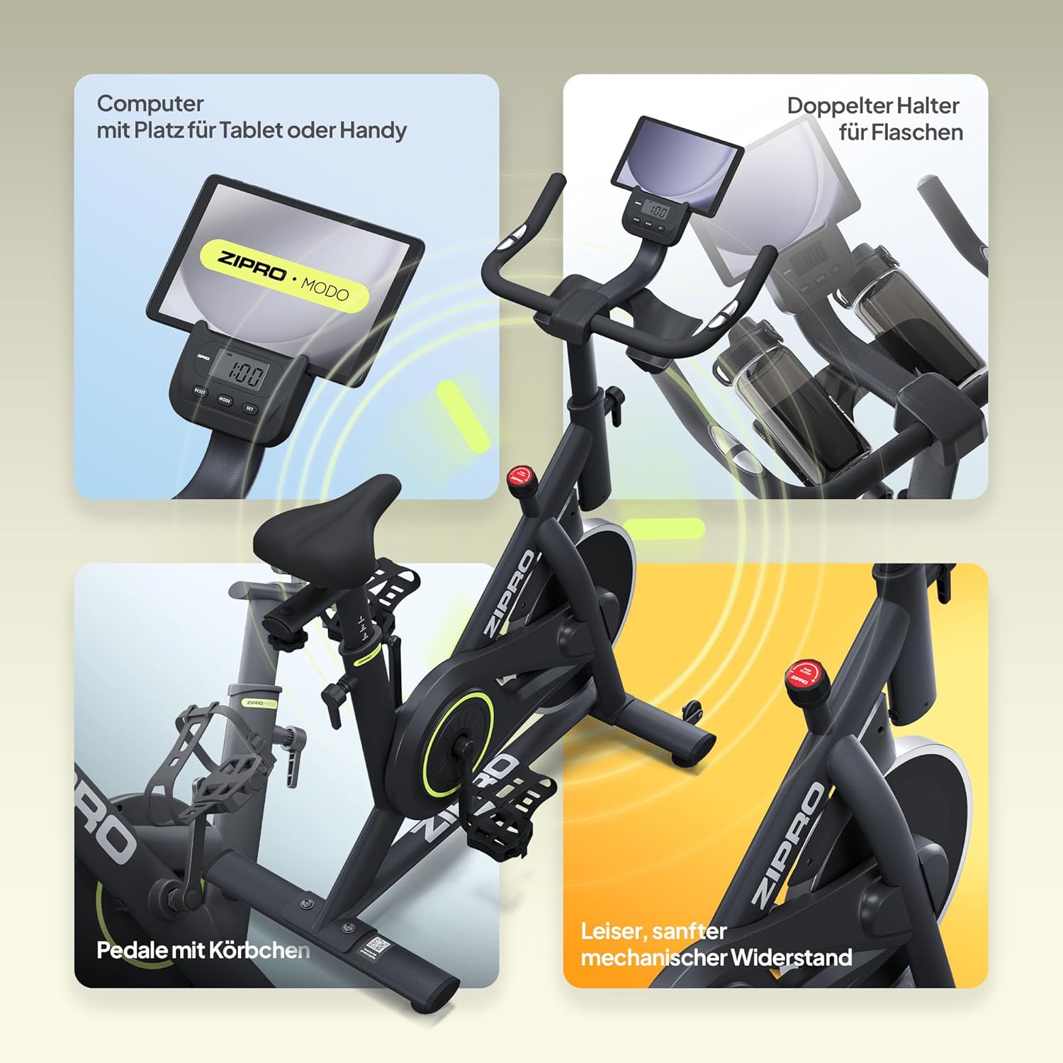ZIPRO Modo Heimtrainer, Heimtrainer, Ergometer, Fahrrad, Indoor-Training für Zuhause, Cardio-Fitnessgerät, stationär, 120 kg Tragkraft, mit App-Raum, Fahrrad, Fahrradtrainer-Bildschirm – Bild 3