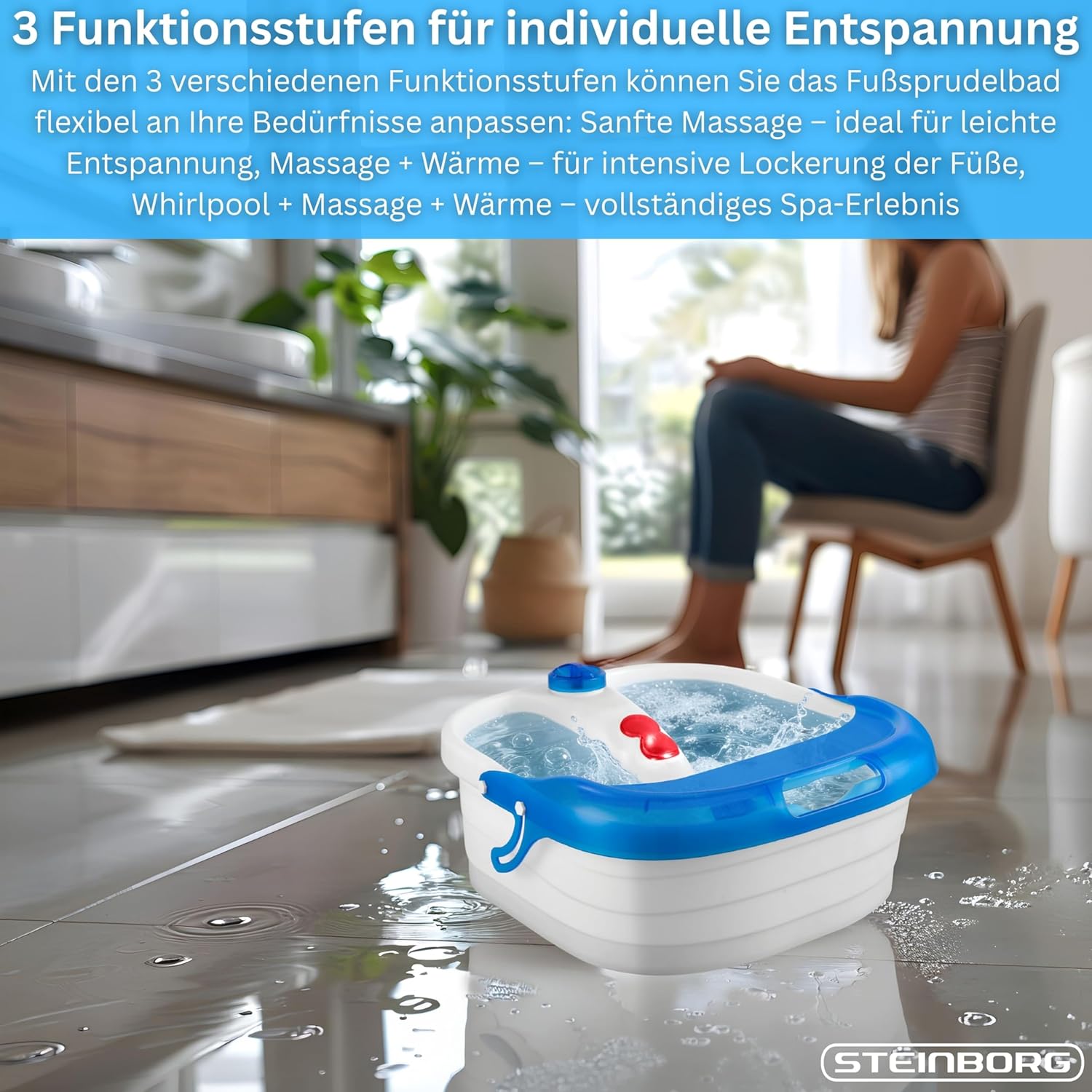 Steinborg Fußsprudelbad mit Massage & Infrarotwärme – Fußmassagegerät Elektrisches Fußbad mit Vibration & Sprudelmassage, 4 Massagerollen & Reflexzonenmassage, 3 Ebenen, Spritzschutz – Wellness Spa – Bild 9
