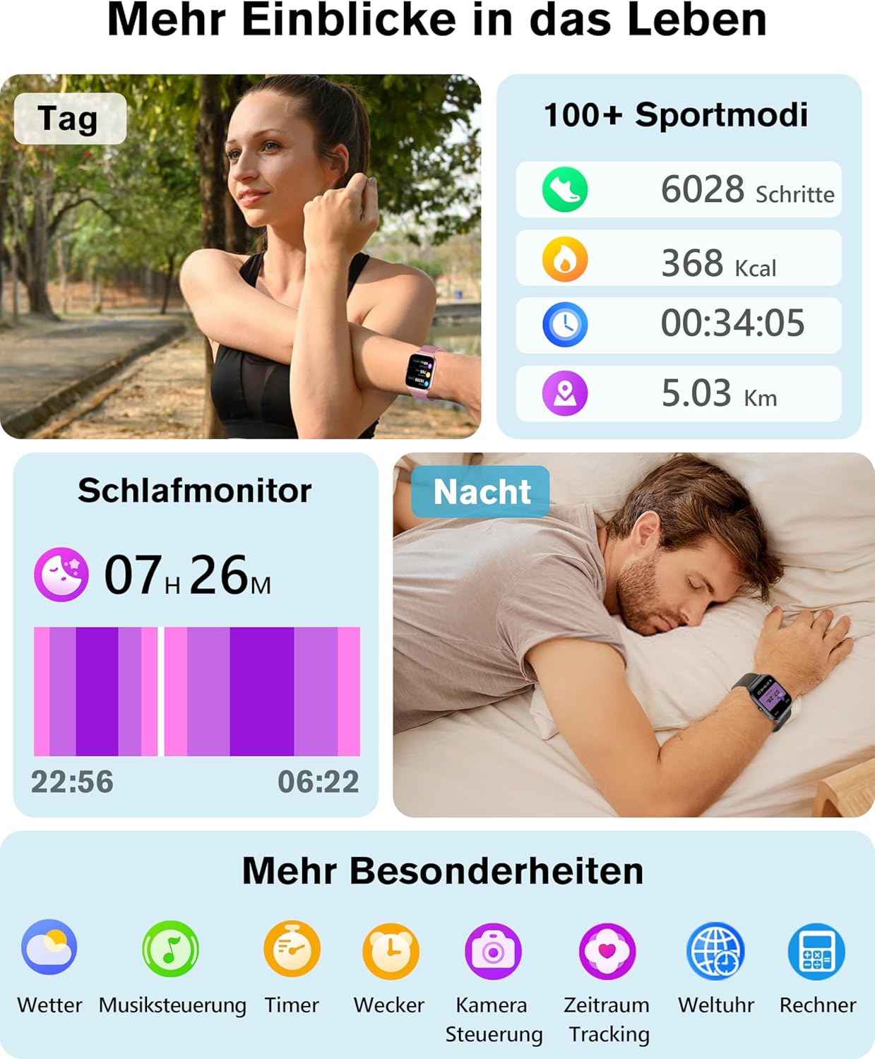 KALINCO Smartwatch Herren Damen Blutdruckuhr mit Bluetooth-Telefonie, AI Fitness Tracker mit Herzfrequenz SpO2 Stress, 100+ Sportmodi, Fitnessuhr, Weltuhr, Schlafanalyse, Geschenkideen für iOS Android – Bild 6