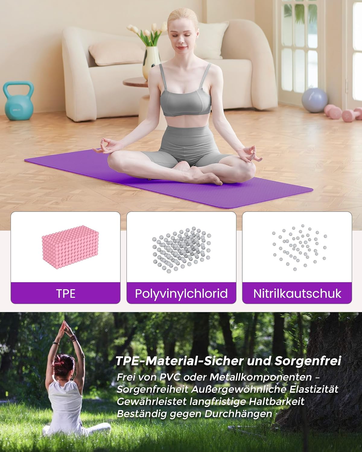 Narwhal Yogamatte Rutschfest Fitnessmatte Umweltfreundliche TPE Sportmatte mit Tragegurt Gymnastikmatte für Pilates Yoga Workout 183 x 61 x 0,6 cm – Bild 4