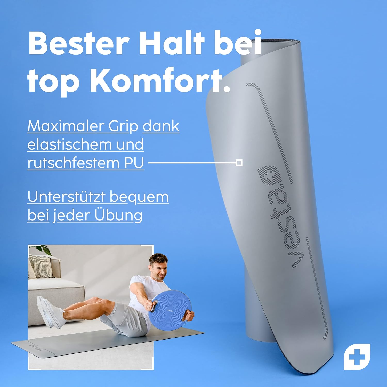 Vesta+ Premium Yogamatte aus Naturkautschuk – Ultra rutschfest mit optimaler Dämpfung – 100 % weichmacherfrei & hautfreundlich – inklusive Fitness-App – perfekt für Yoga, Gymnastik, Fitness & mehr (Grau) – Bild 3