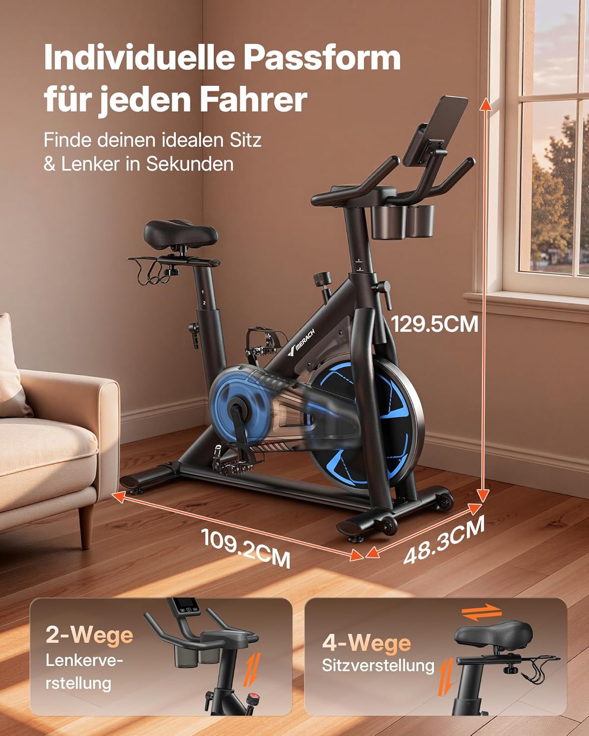 MERACH PRO Heimtrainer Fahrrad mit 8KG High-Inertia Schwungrad für Optimierte Laufruhe, Leises Magnetbremssystem, Verstärkter H-Rahmen, Stoßdämpfender Luftkissensattel, Eigene App, Bis 150KG – Bild 7