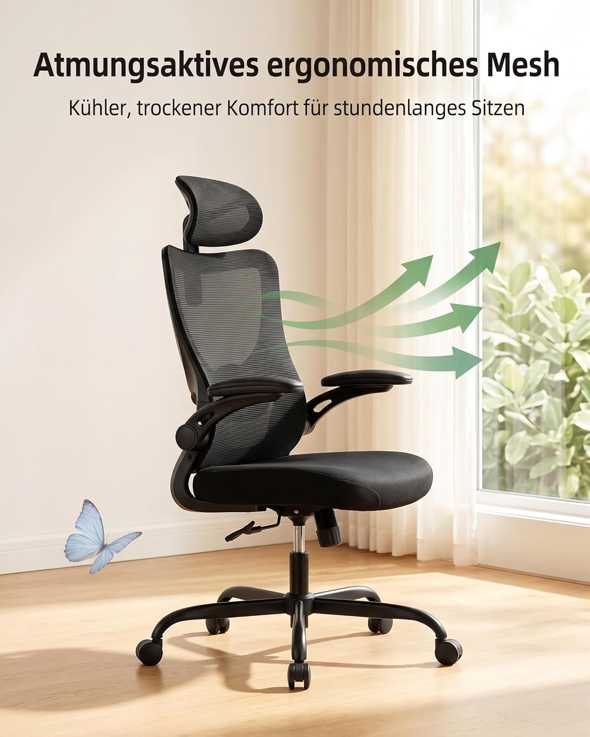 Marsail Bürostuhl Ergonomischer Schreibtischstuhl: Ergonomischer Bürostuhl mit 2D-Kopfstütze, 2D-Lendenwirbelstütze, klappbaren 3D-Armlehnen, 8 cm Sitzkissen, Höhenverstellung und 300 Pfund Tragkraft – Bild 2