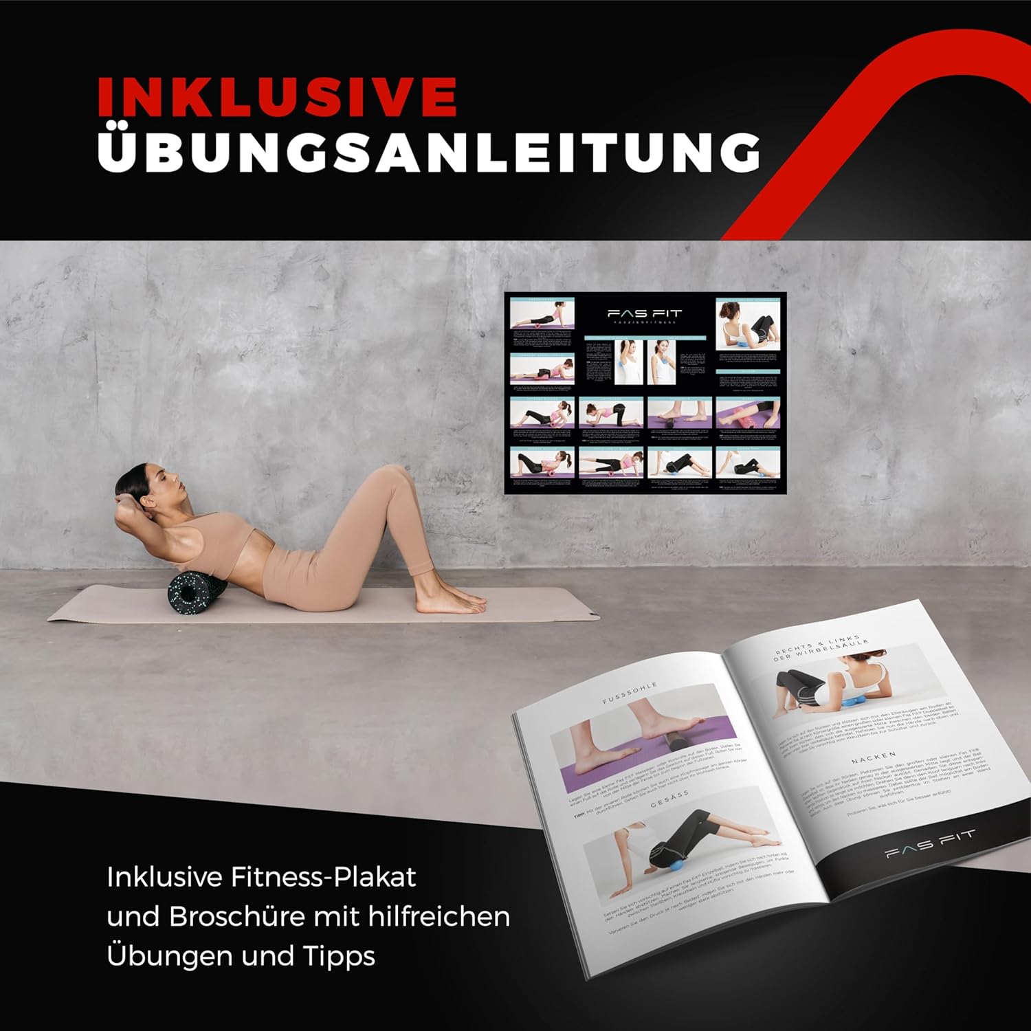 Faszienrolle, Schaumstoffrollen-Set 4 oder 6, oder 8-teilig, Massagerollen und Faszienbälle, Faszienrolle für effektives Faszientraining, inkl. Poster, Übungsbuch, E-Book und Turnbeutel, Rückenrolle., rot – Bild 7