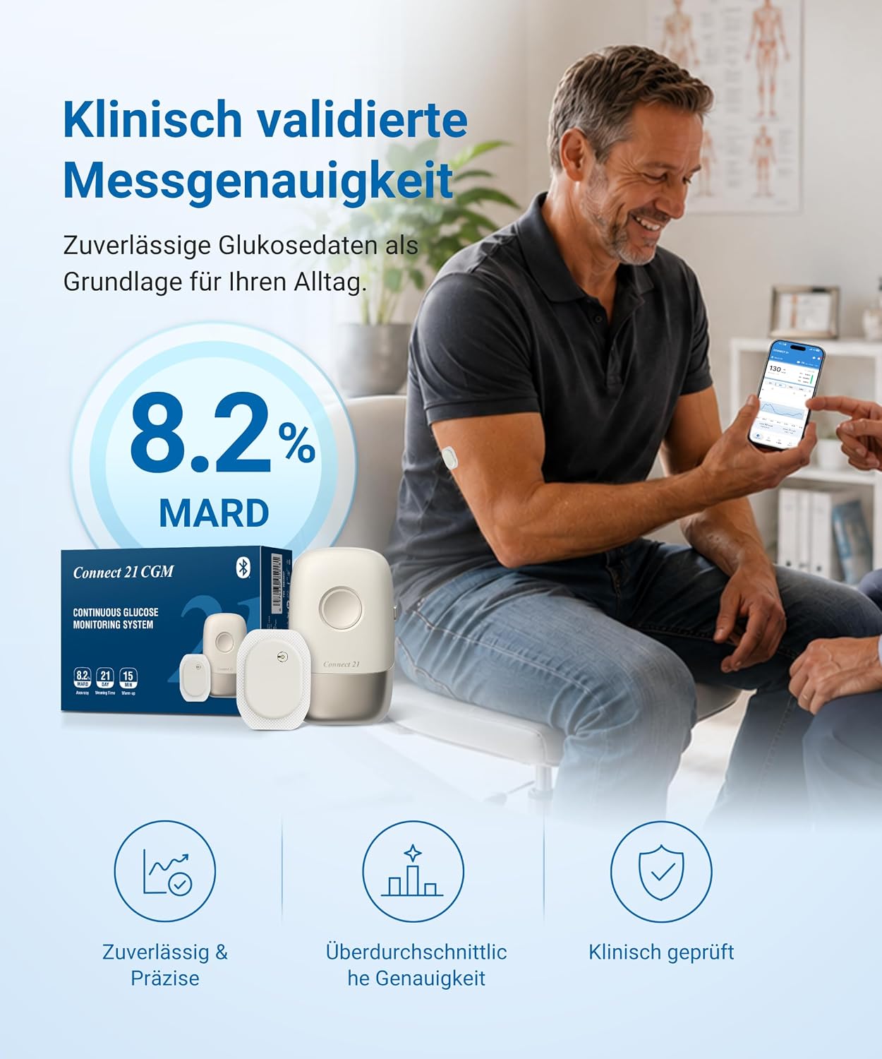 Connect 21 CGM Sensor – Blutzuckermessgerät ohne Stechen | 21 Tage | 8,2 % MARD | IP58 wasserdicht | Bluetooth-App | CE 2797 | 1 Sensor mit Applikator – Bild 6