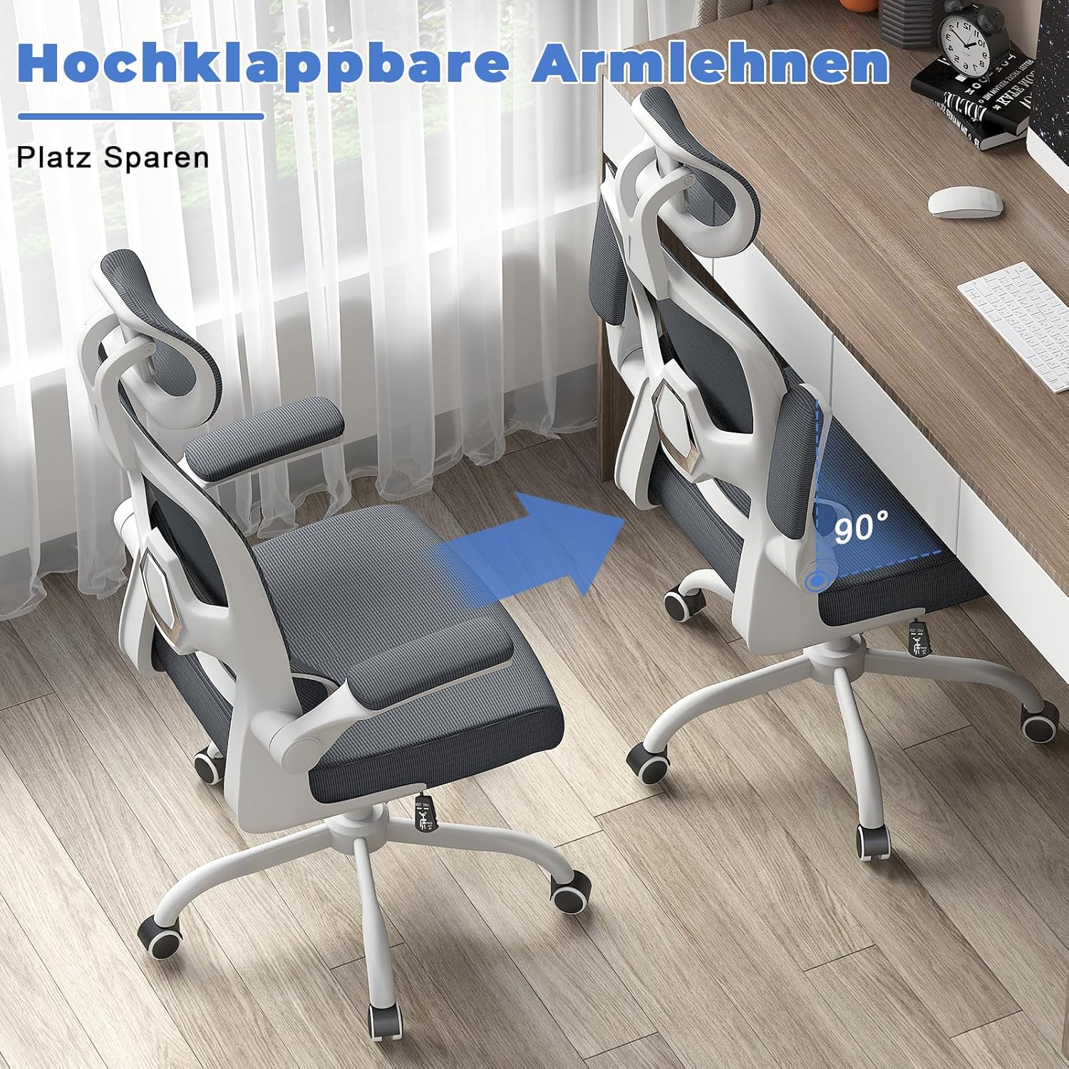 naspaluro Bürostuhl, Ergonomischer Schreibtischstuhl mit verstellbarer Kopfstütze, Armlehnen, dynamischer Lordosenstütze, Drehstuhl mit atmungsaktivem Netzbezug für das Home Office, Dunkelgrau – Bild 6