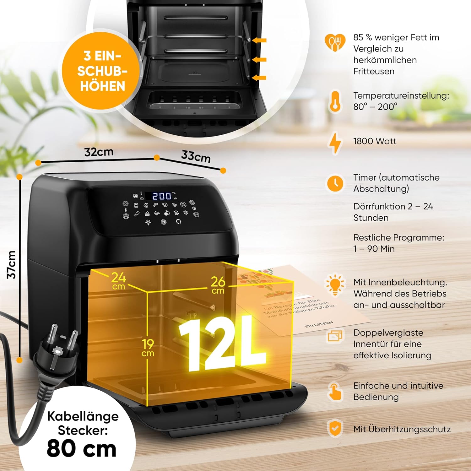 Stillstern Heißluftfritteuse, 12 L, mit LED, Touchscreen, XXL, Rezeptbuch auf Deutsch, 12 Programme, Speisen vorheizen/warmhalten, 1800 W, kein Öl nötig, zum Dörren, Mini-Camping-Grill/Ofen – Bild 4