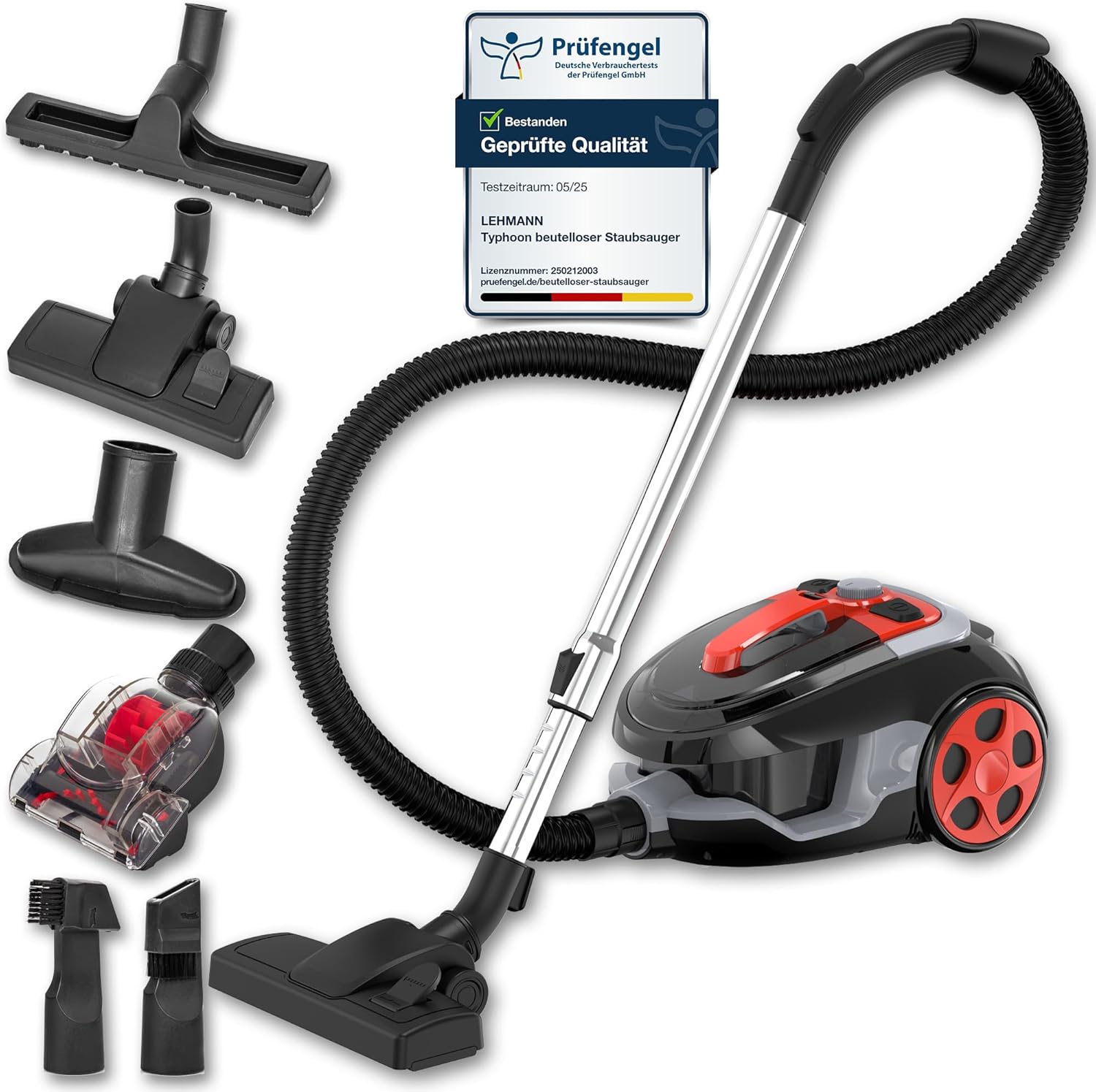 Lehmann Cyclone Beutelloser Staubsauger Schwarz | Leistungsstarke Zyklontechnologie, Staubbehälter 2,5 L, Doppelfiltration, HEPA-Filter, 6-Düsen-Set, Turbobürste