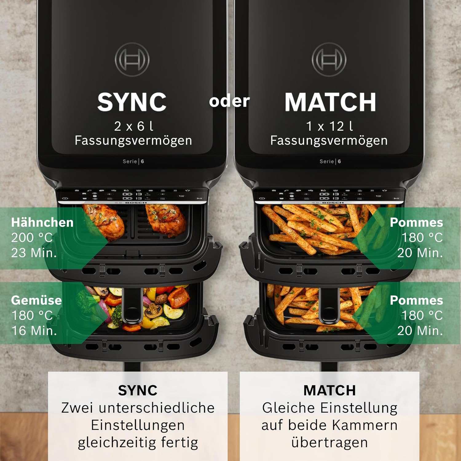 Bosch Serie 6 XXL Heißluftfritteuse, 12 L Doppelkammer, platzsparend, 6 Programme, PFAS-frei, Schwarz, AirFryer Serie 6, MAFD661B0 – Bild 6