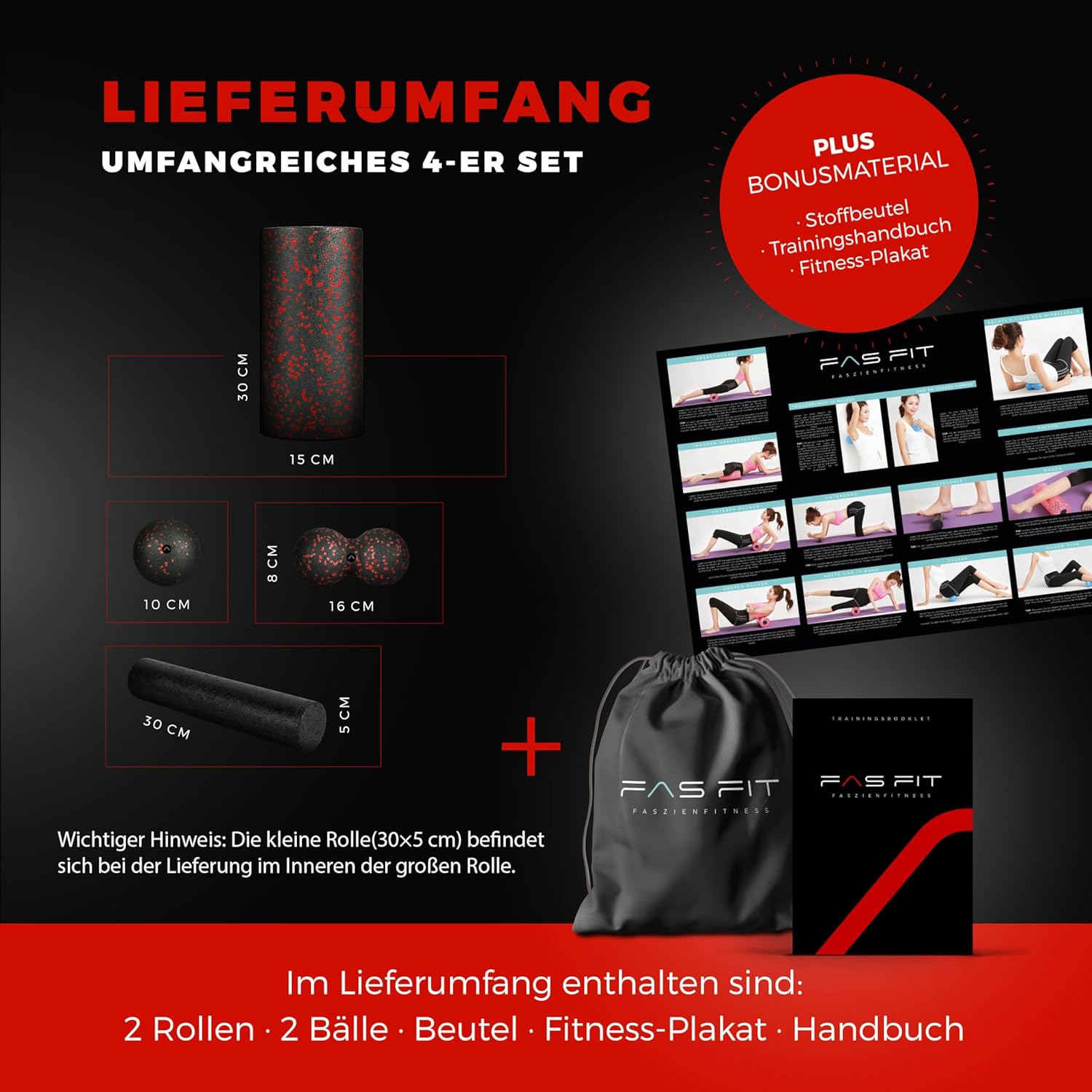Faszienrolle, Schaumstoffrollen-Set 4 oder 6, oder 8-teilig, Massagerollen und Faszienbälle, Faszienrolle für effektives Faszientraining, inkl. Poster, Übungsbuch, E-Book und Turnbeutel, Rückenrolle., rot – Bild 2