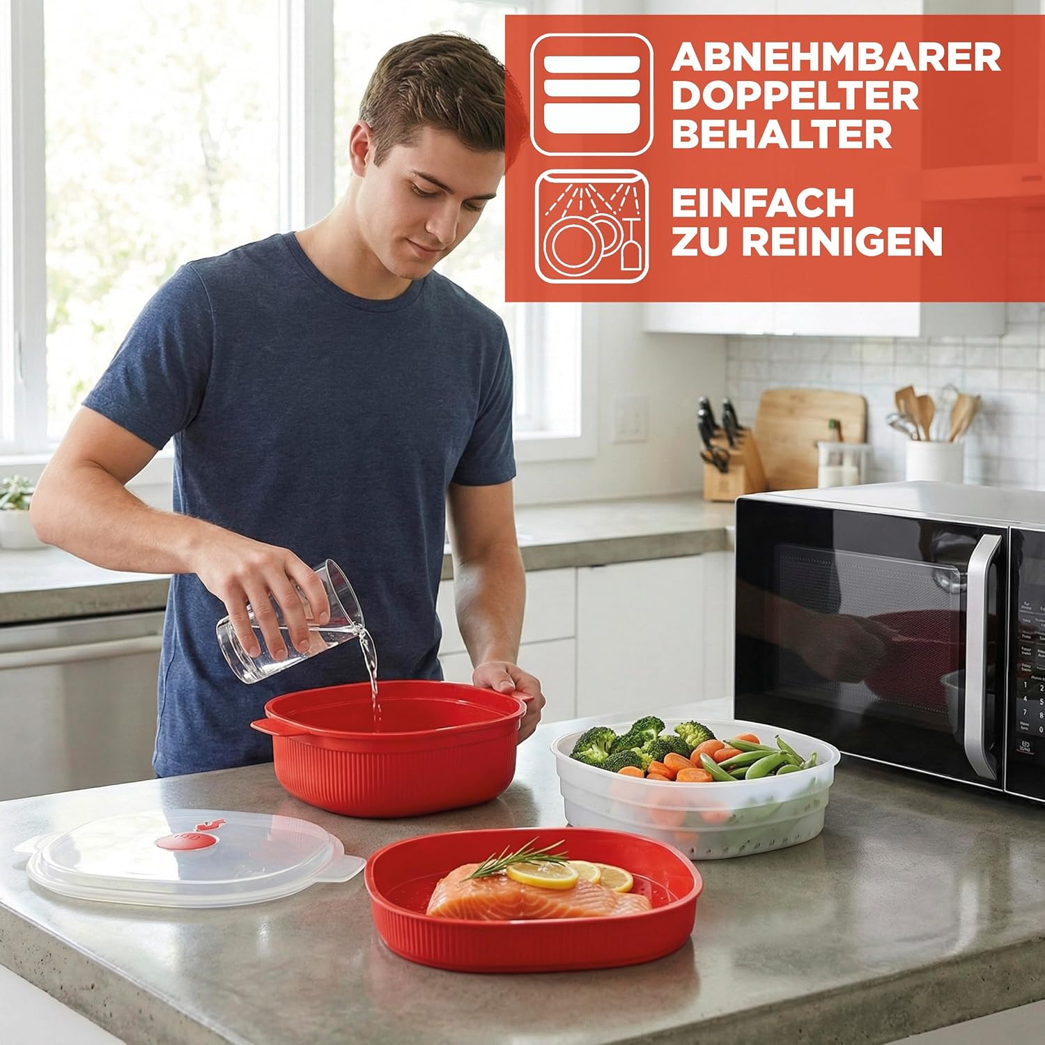 Snips 704 Tempo Zero Dish Streamer 4 Liter, Kunststoff rot | Für Gemüse, Fisch und Fleisch, 2 herausnehmbare Garkörbe, 4 L, bis 800 W, spülmaschinenfest, hergestellt in Italien – Bild 2