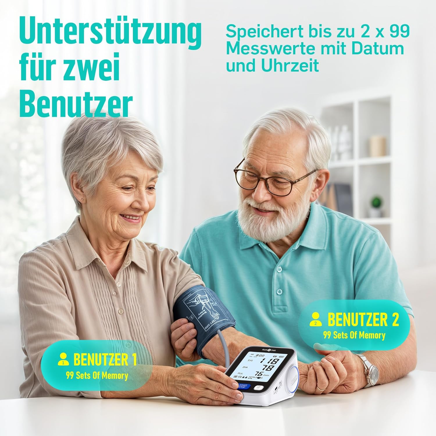 RunStar Oberarm-Blutdruckmessgerät mit breiter Manschette (22 cm – 42 cm) für den Heimgebrauch, automatisches digitales Blutdruckmessgerät mit Aufbewahrungstasche, 2 x 99 Messwertspeicher – Bild 7