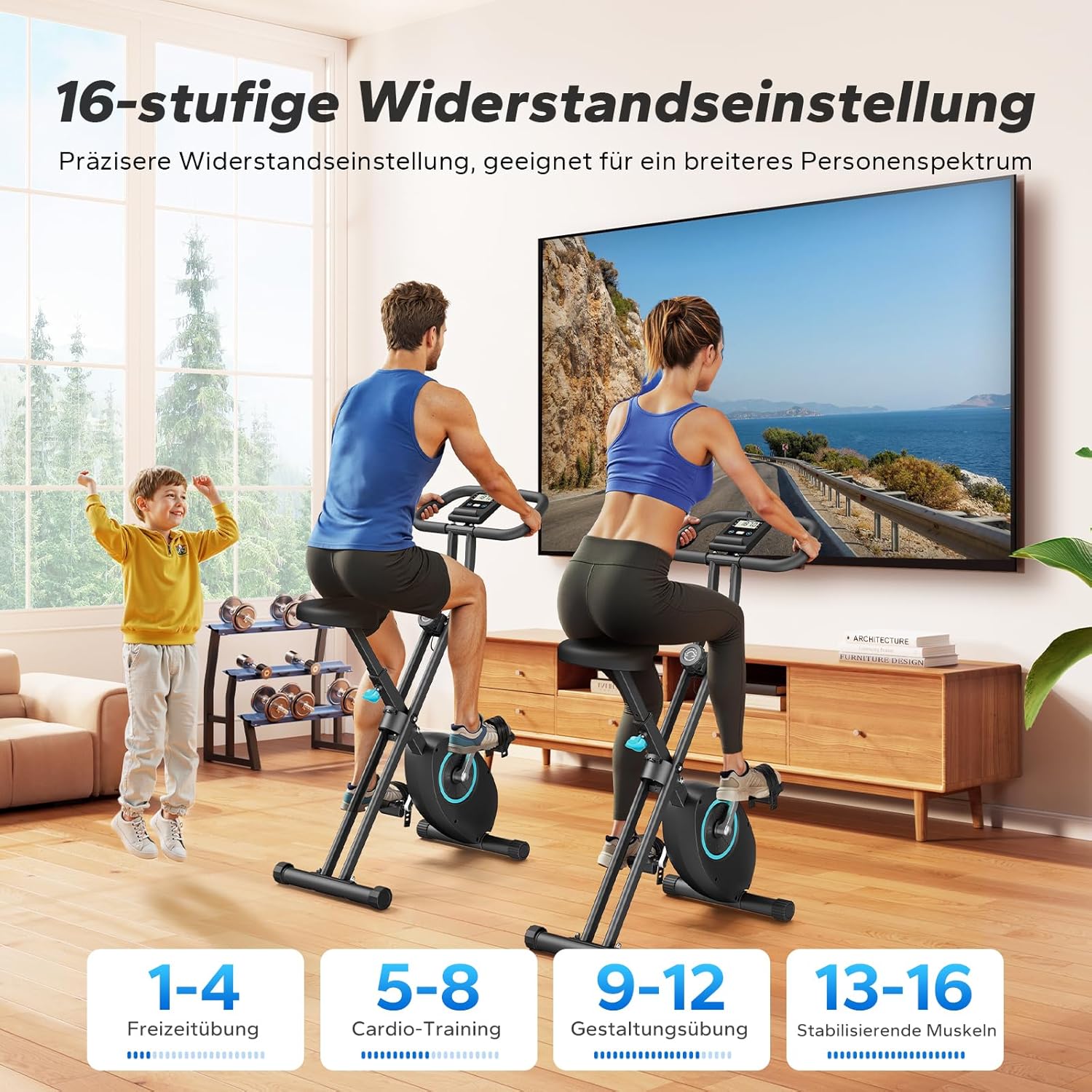 MERACH Klappbarer Heimtrainer mit LCD-Monitor, magnetischer Ergometer-Heimtrainer mit bequemem Sitzkissen, Fitnessräder für zu Hause, platzsparend, 136 kg – Bild 4