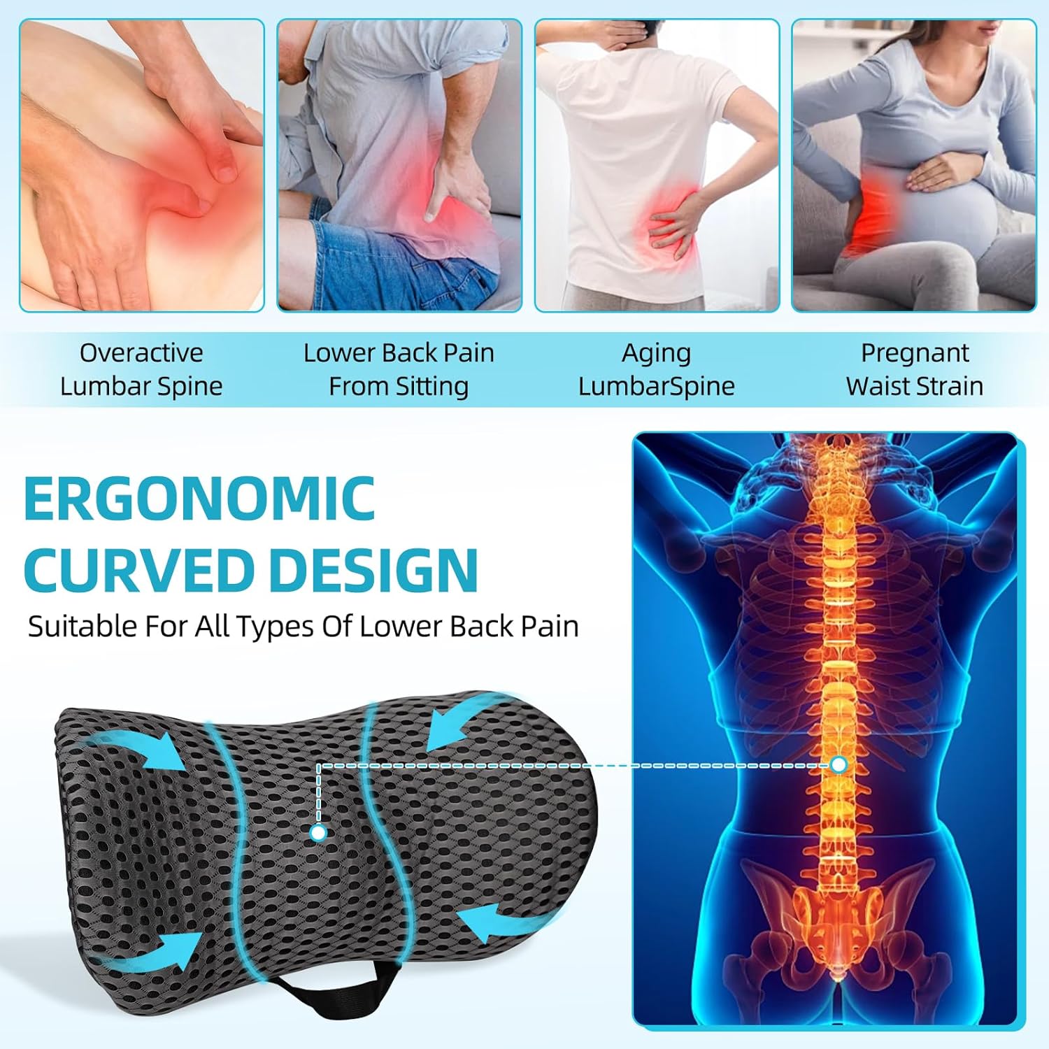 Lendenkissen aus Memory-Schaum, ergonomisches Rückenkissen, Lendenkissen mit atmungsaktivem Bezug und verstellbarem Gurt, Rückenstützkissen, Rückenkissen für Auto, Bürostuhl, Bett, Sofa (grau) – Bild 6