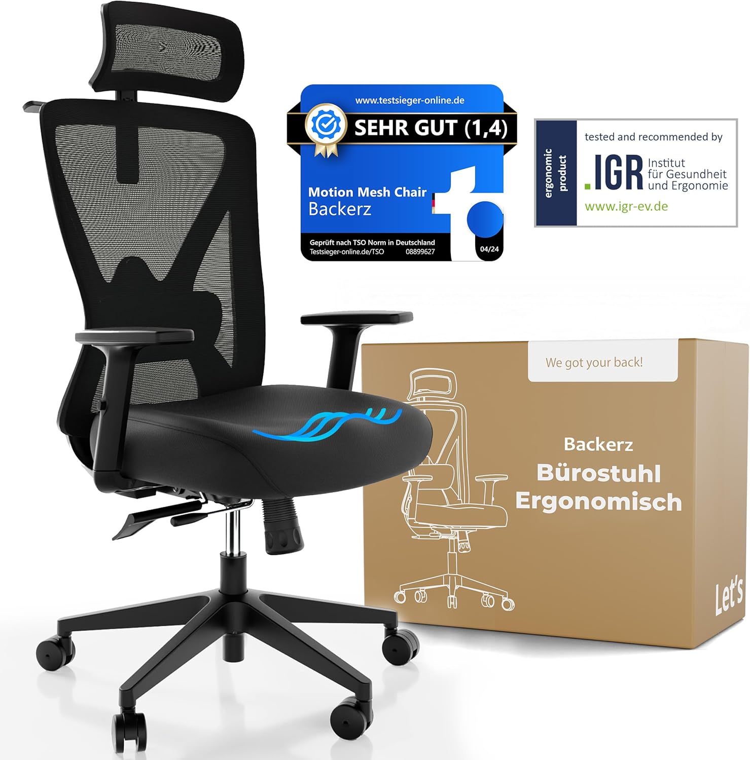 Backerz Ergonomischer Bürostuhl – Bürostühle 150 kg, TÜV & NEN 1335 zertifiziert – Büro-Schreibtischstuhl – Ergonomischer Bürostuhl – Computerstuhl höhenverstellbar & rückenfreundlich – Schwarz