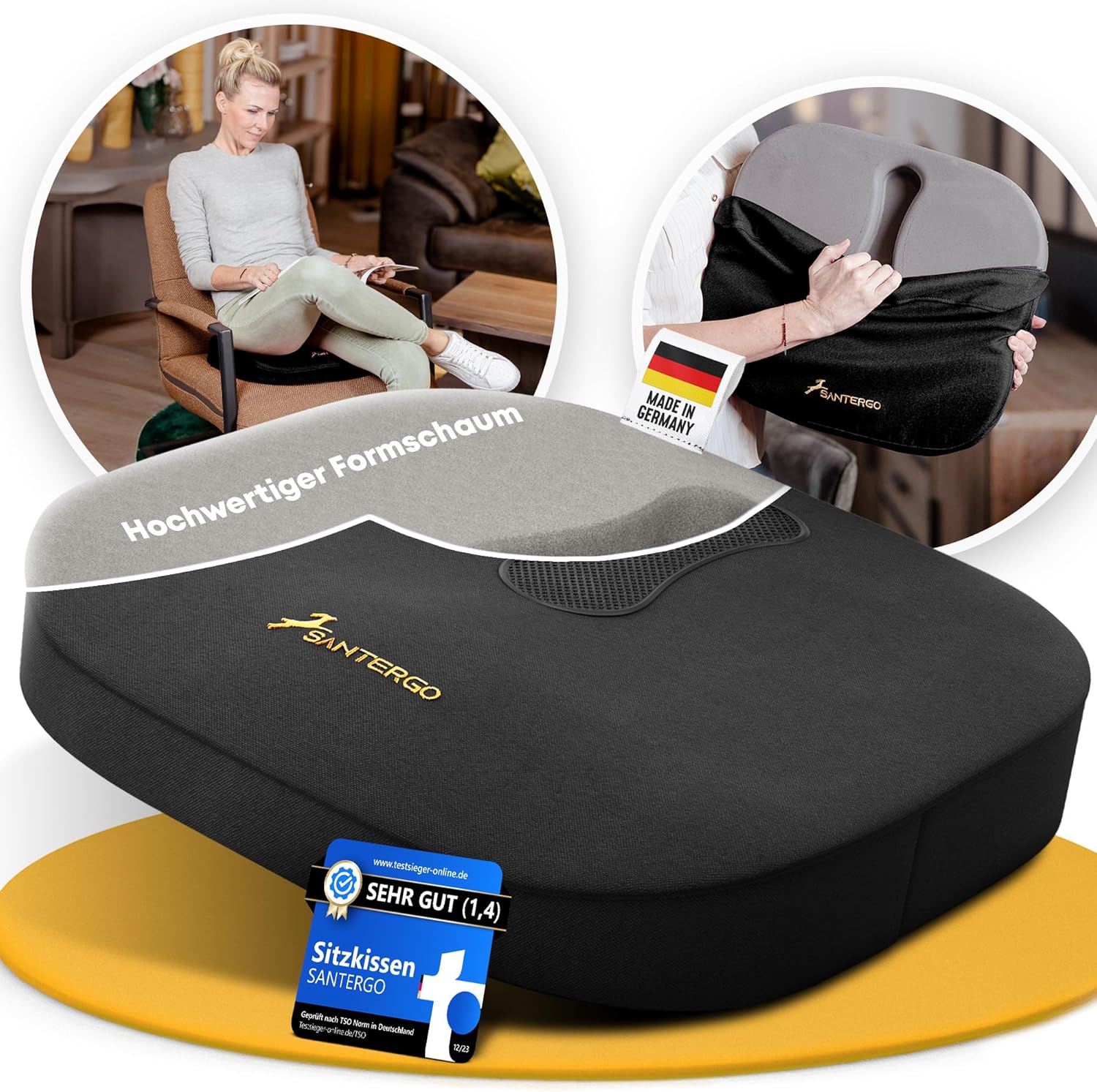 Orthopädisches Sitzkissen (patentiert & formstabil) – Sitzkissen für Bürostuhl und Sessel – Sitzkissen Stuhl, Sitzkissen Bürostuhl, Steißbeinkissen, Sitzkissen (Schwarz-MEDIUM 65-95 kg) – Bild 6