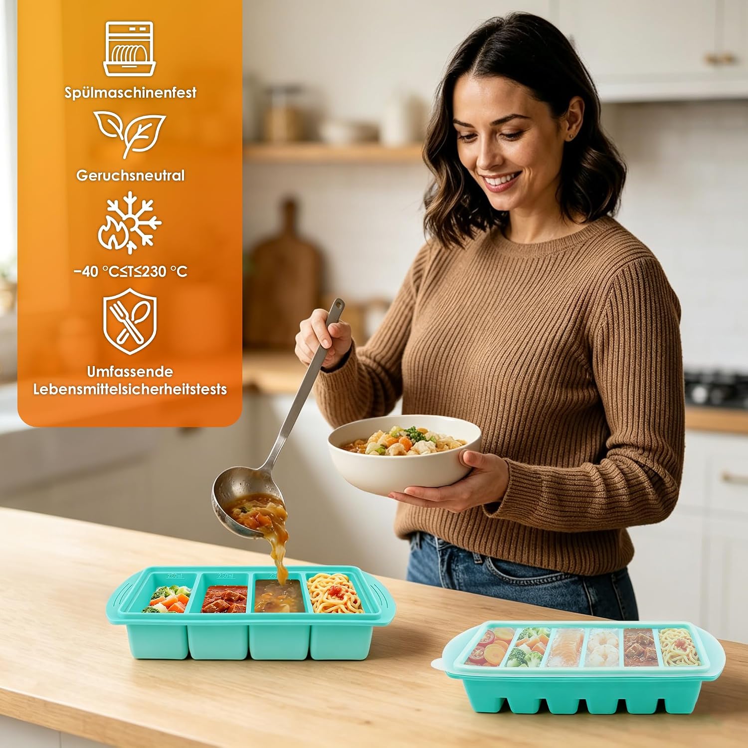 Set mit 2 Silikon-Gefrierformen mit Deckel, Suppenwürfel-Set mit 250/125 ml | Wiederverwendbar und stapelbar für die Zubereitung von Mahlzeiten, Gefrierbehälter für Suppe, Soße und Eis. Mintgrün – Bild 7