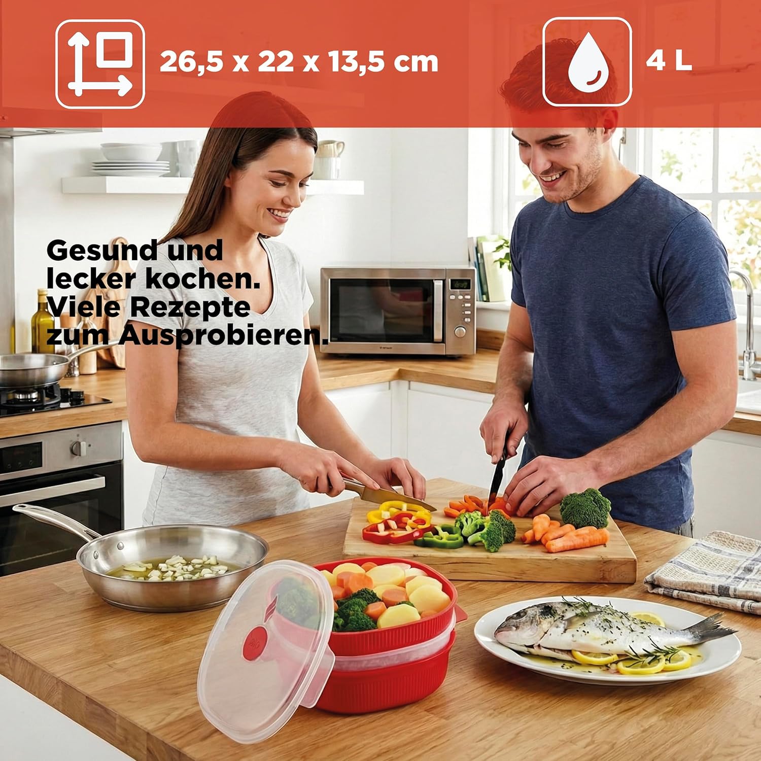 Snips 704 Tempo Zero Dish Streamer 4 Liter, Kunststoff rot | Für Gemüse, Fisch und Fleisch, 2 herausnehmbare Garkörbe, 4 L, bis 800 W, spülmaschinenfest, hergestellt in Italien – Bild 8