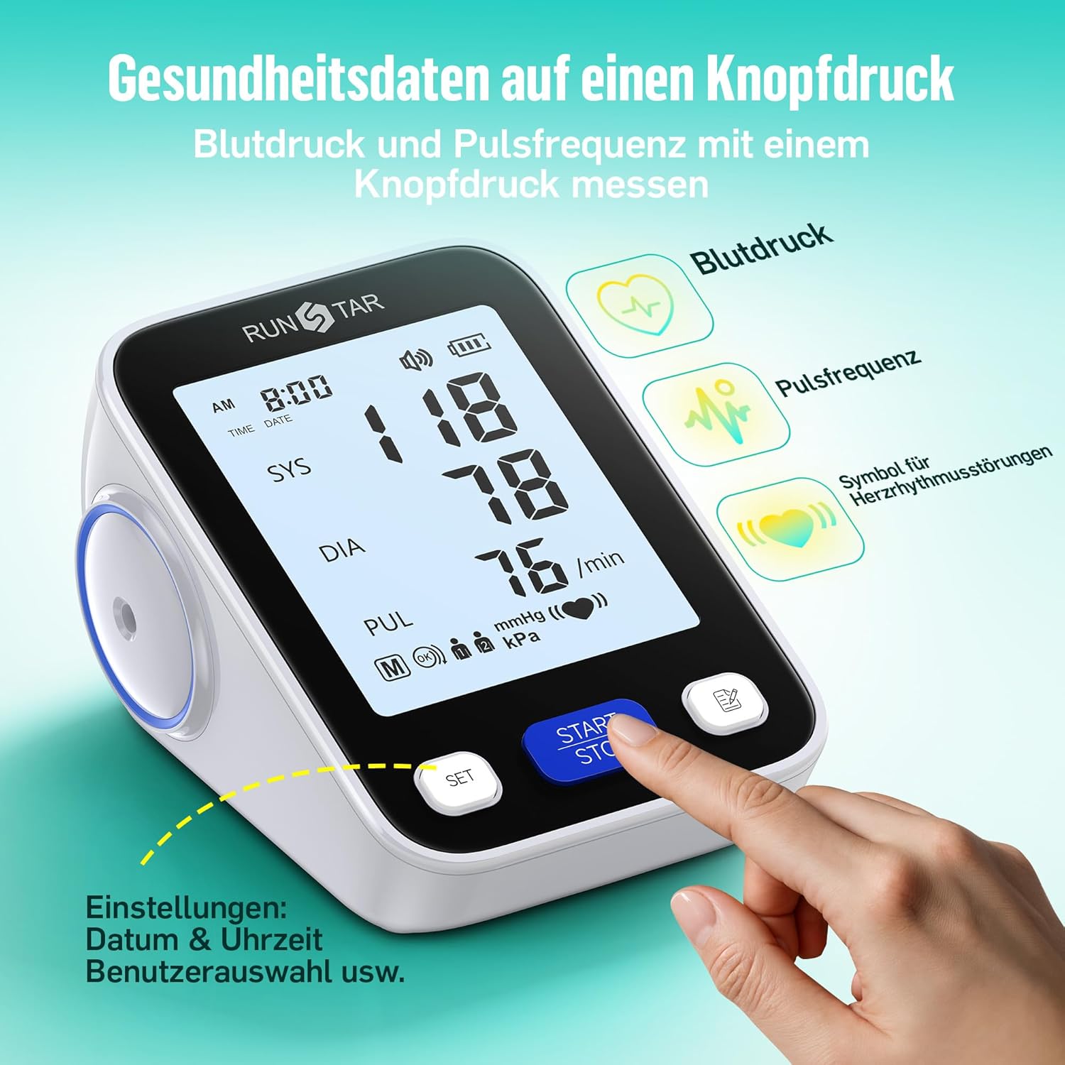 RunStar Oberarm-Blutdruckmessgerät mit breiter Manschette (22 cm – 42 cm) für den Heimgebrauch, automatisches digitales Blutdruckmessgerät mit Aufbewahrungstasche, 2 x 99 Messwertspeicher – Bild 2