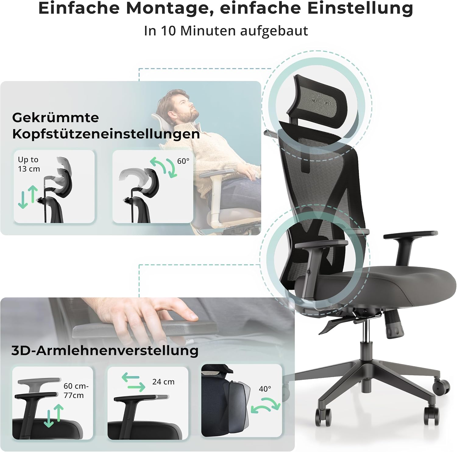 Backerz Ergonomischer Bürostuhl – Bürostühle 150 kg, TÜV & NEN 1335 zertifiziert – Büro-Schreibtischstuhl – Ergonomischer Bürostuhl – Computerstuhl höhenverstellbar & rückenfreundlich – Schwarz – Bild 4