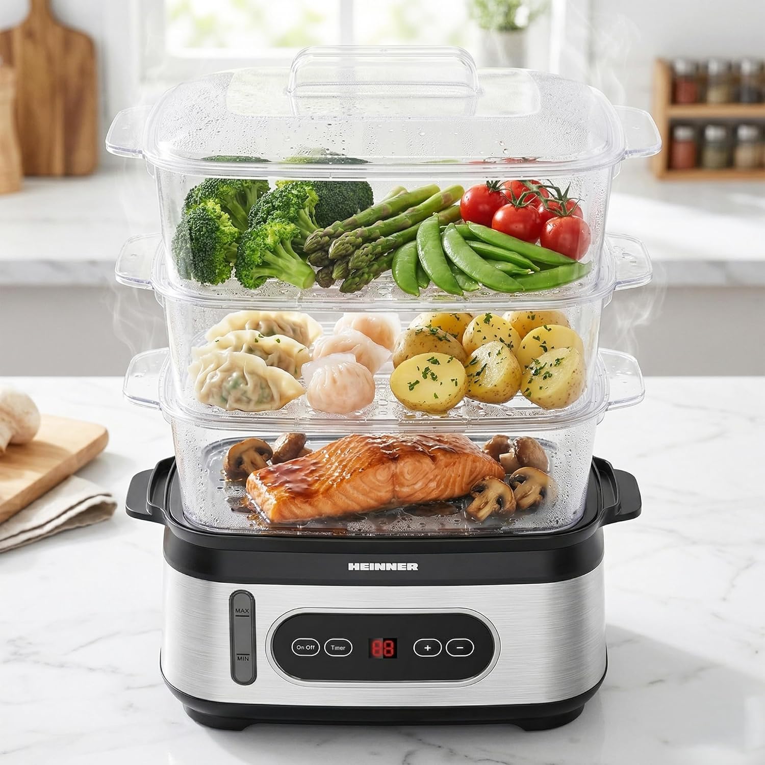 One Steam HSA-D950SS Elektrischer Dampfgarer, 9 l, 3 Stufen, BPA-frei, LED-Display, digitaler Timer 0–90 Min., Startauswahl 12 Stunden, automatische Abschaltung, spülmaschinenfest, inklusive 950 W, Modell ONE – Bild 4
