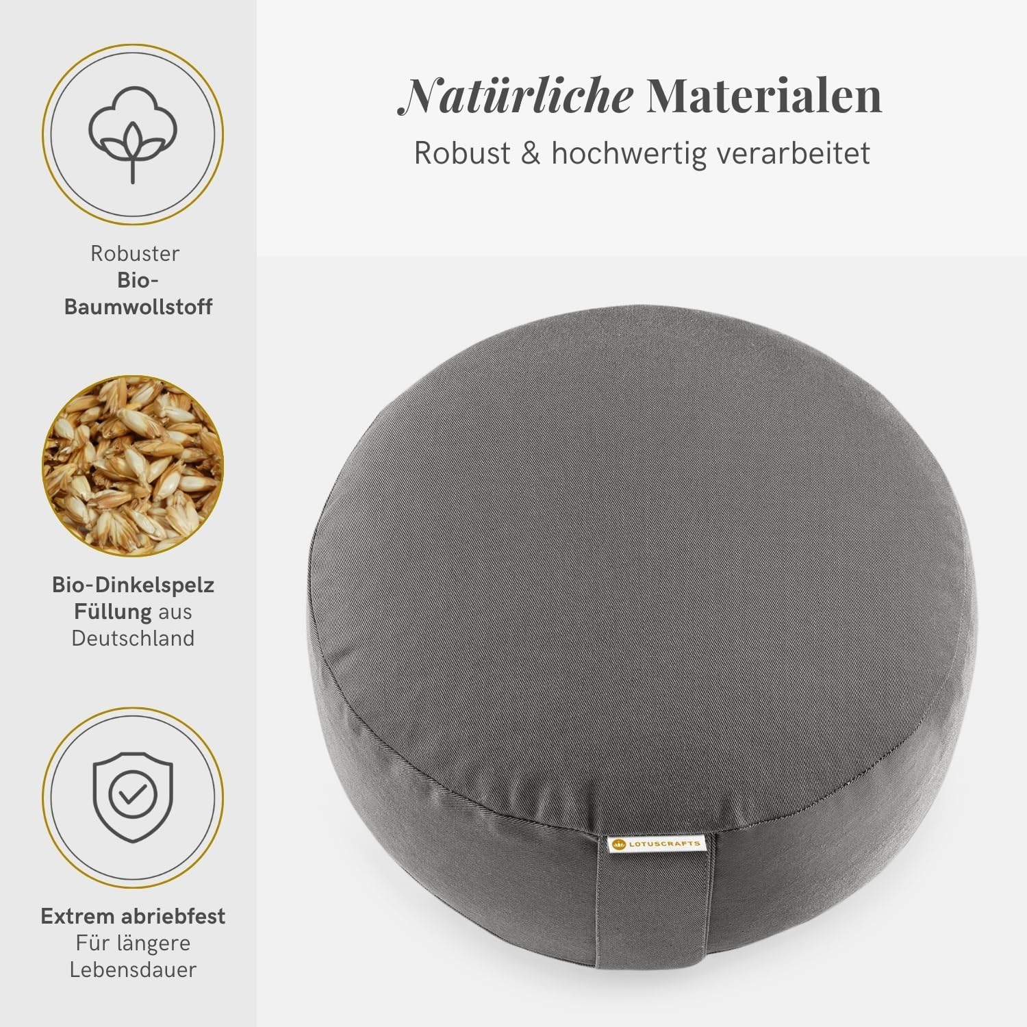 Lotuscrafts Yogakissen, Meditationskissen, runder Lotus, bequeme und entspannte Meditation – Sitzhöhe 15 cm, waschbarer Baumwollbezug, Yoga-Sitzkissen mit Dinkelfüllung, GOTS-zertifiziert, schwarz – Bild 3