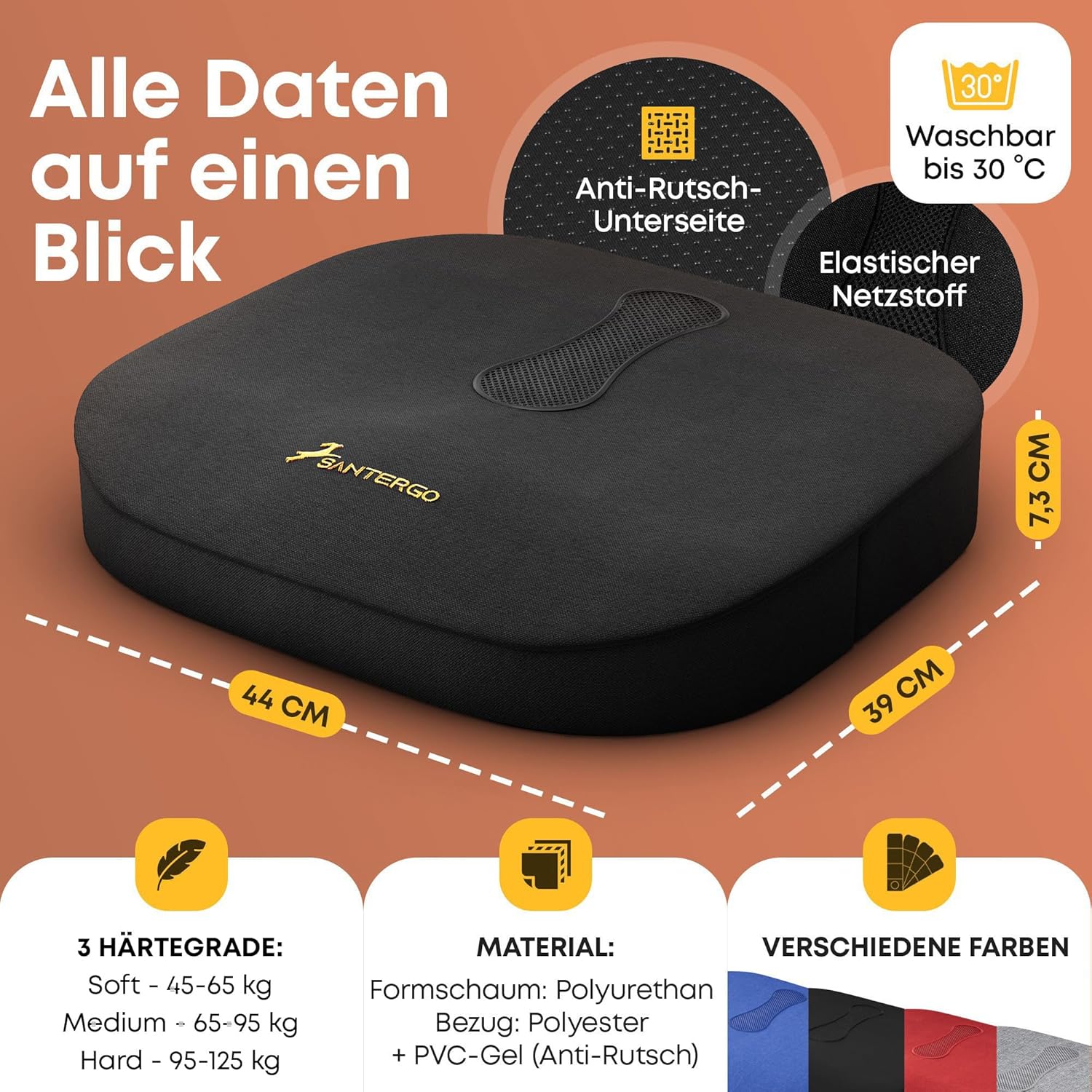 Orthopädisches Sitzkissen (patentiert & formstabil) – Sitzkissen für Bürostuhl und Sessel – Sitzkissen Stuhl, Sitzkissen Bürostuhl, Steißbeinkissen, Sitzkissen (Schwarz-MEDIUM 65-95 kg) – Bild 2